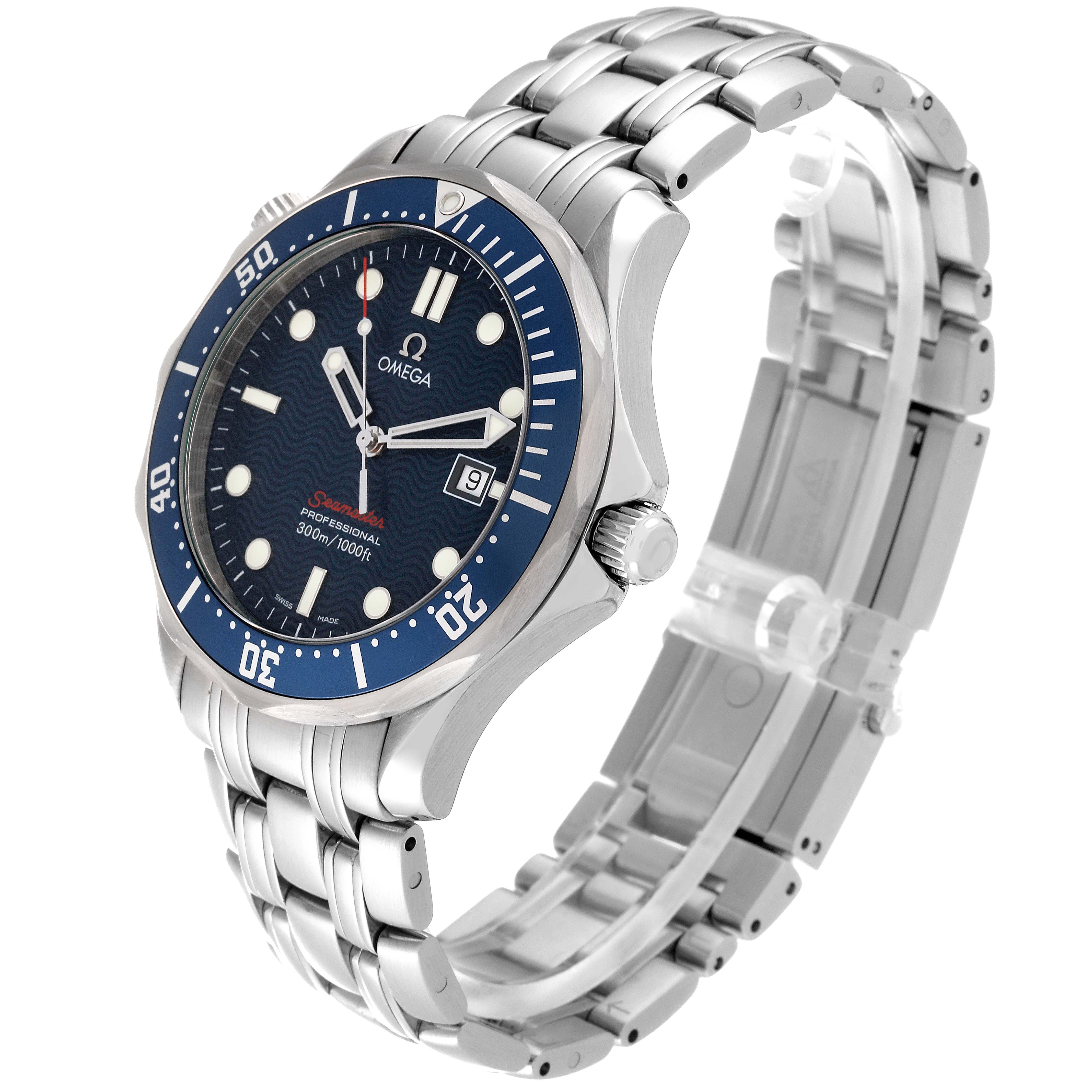 The Omega Seamaster 2221.80.00 Men's Stainless Steel Blue Dial 2221.80.00 Men's Stainless Steel Blue Dial watch is shown at a three-quarter angle, highlighting its blue dial, bezel, and metallic bracelet.