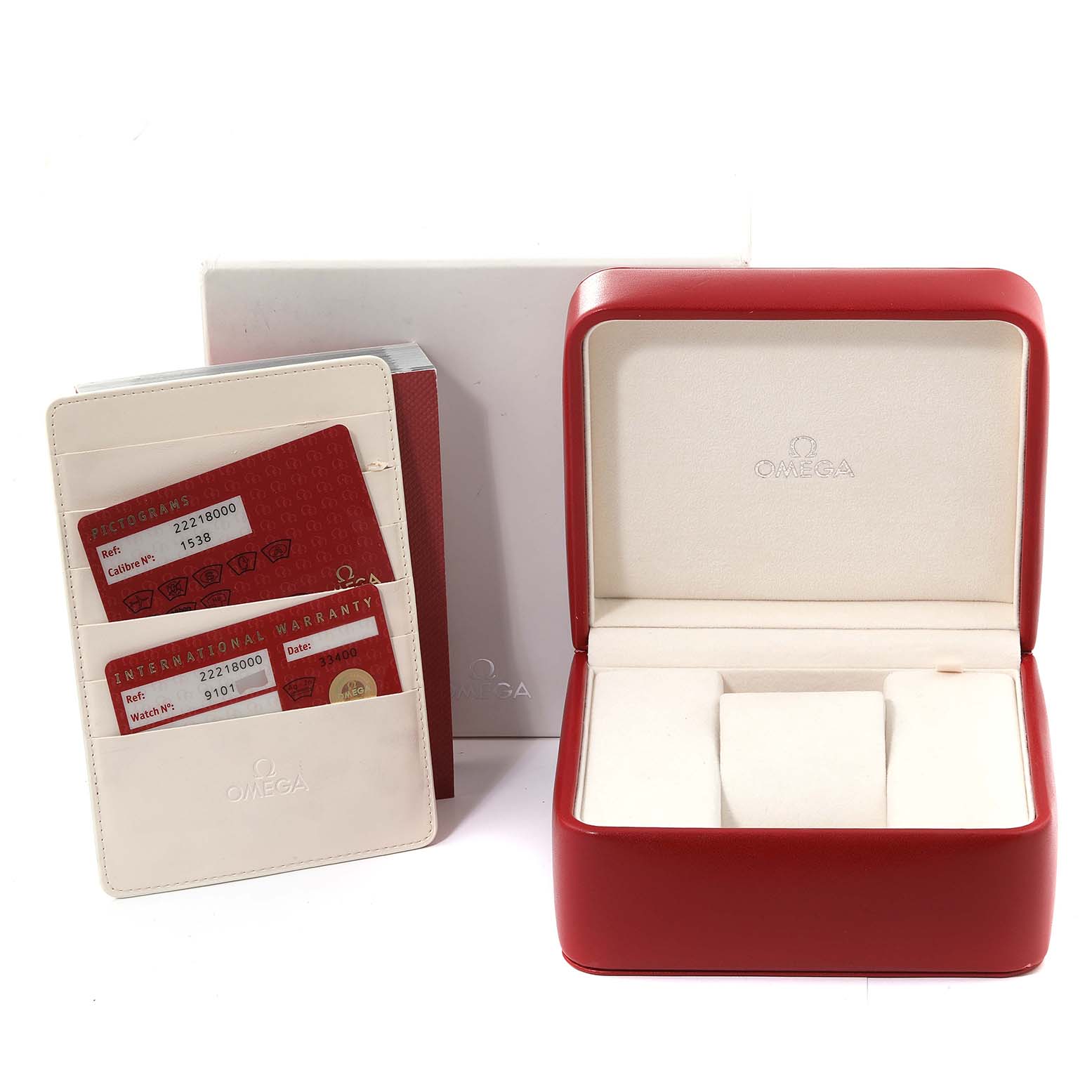 The image shows the packaging, warranty cards, and cardholder for an Omega Seamaster 2221.80.00 Men's Stainless Steel Blue Dial 2221.80.00 Men's Stainless Steel Blue Dial watch.