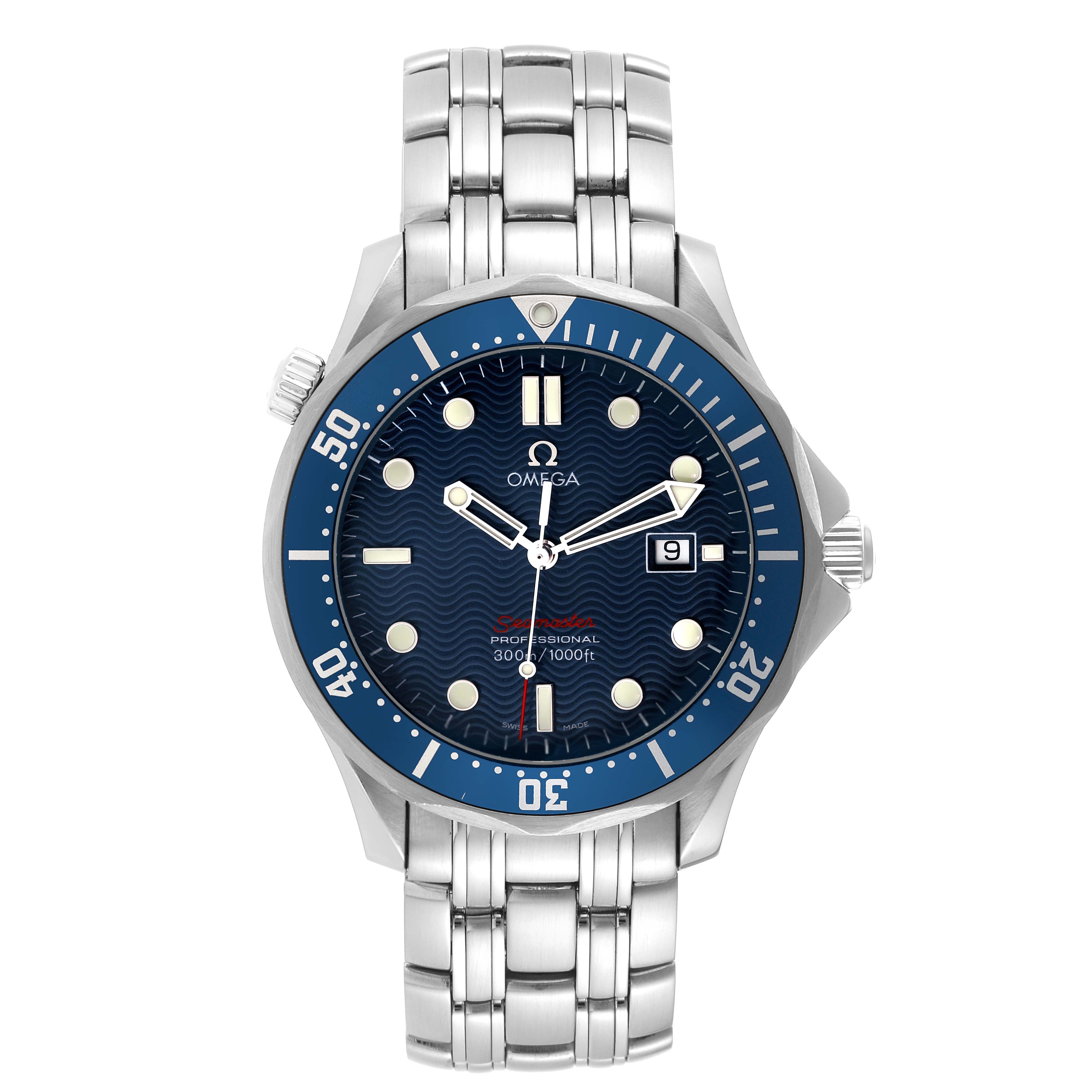 The image shows a front view of the Omega Seamaster 2221.80.00 Men's Stainless Steel Blue Dial 2221.80.00 Men's Stainless Steel Blue Dial watch, highlighting its blue dial, date window, and stainless steel bracelet.