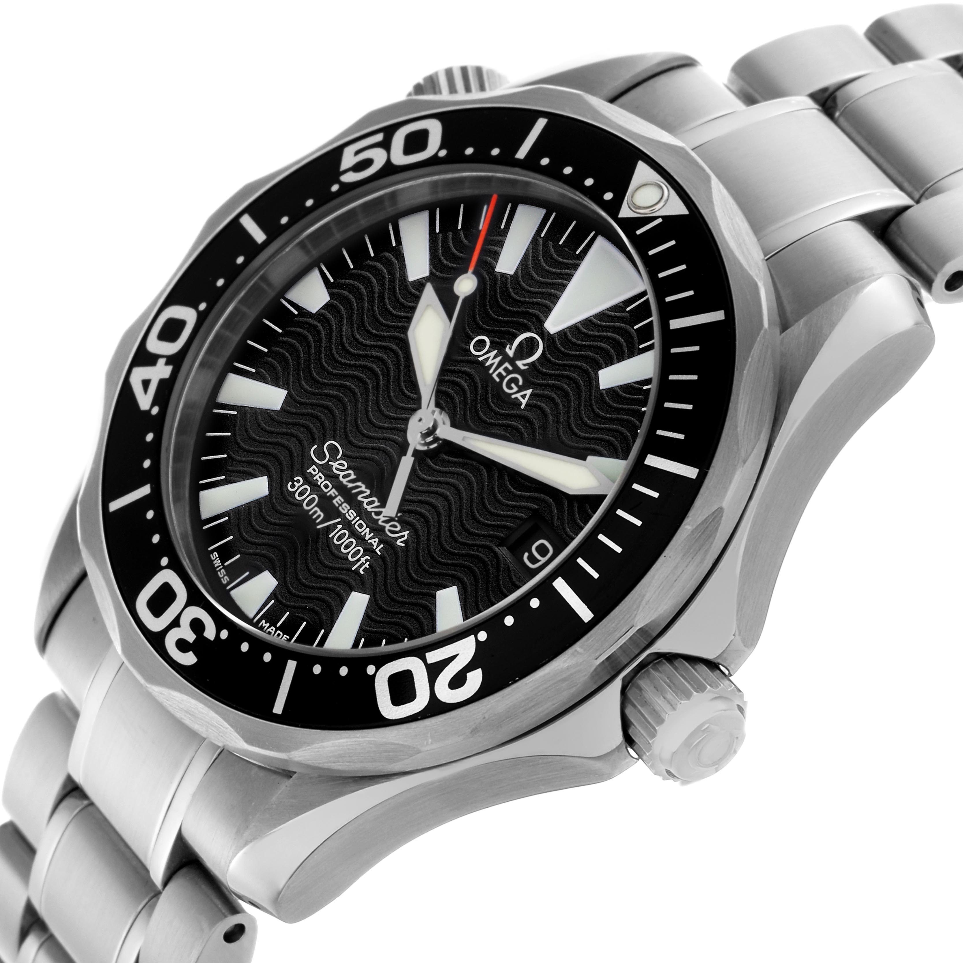 The Omega Seamaster 2262.50.00 Men
s Stainless Steel Black Dial 2262.50.00 Men
s Stainless Steel Black Dial watch is shown at a slight top-side angle, highlighting the face, bezel, crown, and metal bracelet.