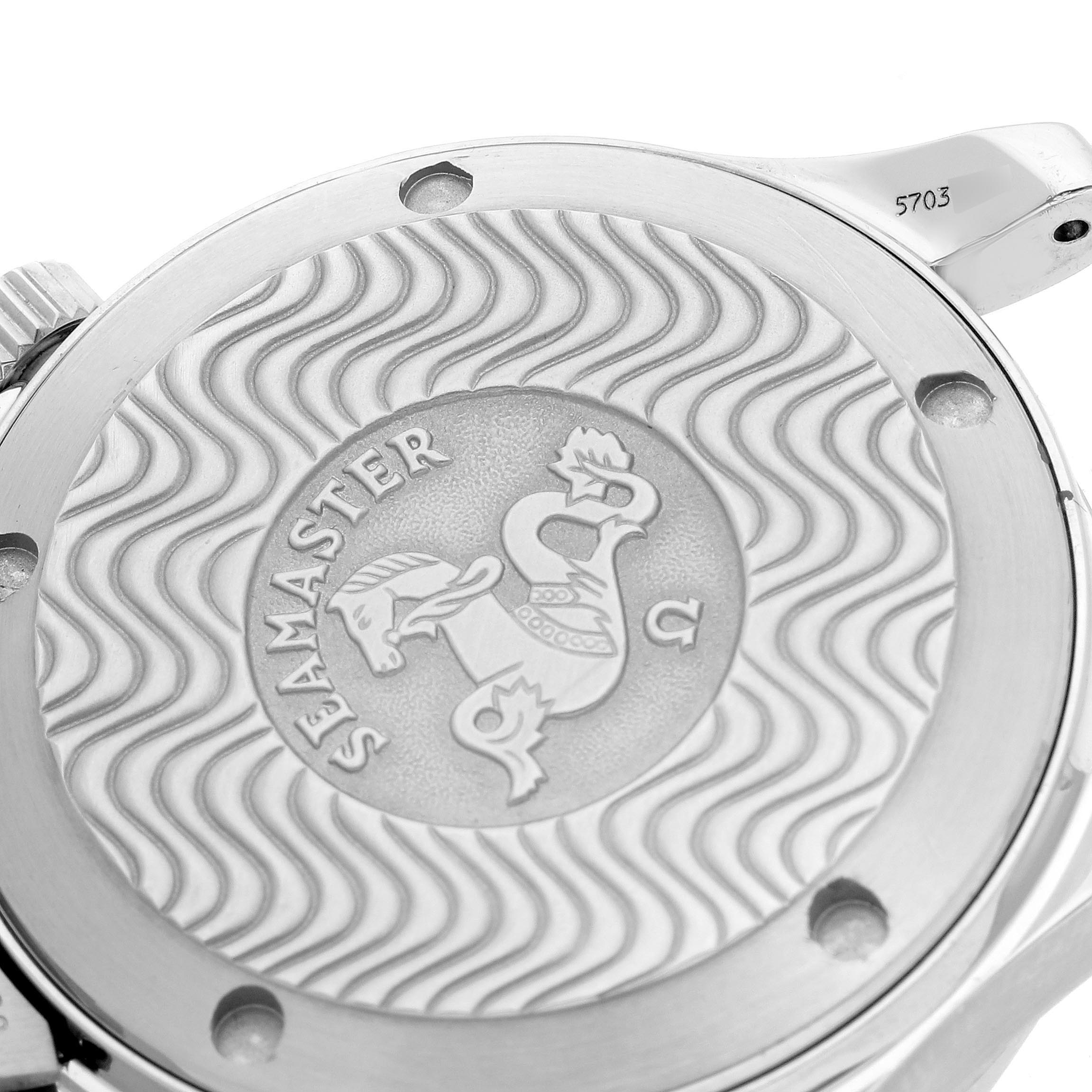 The image shows the back case of an Omega Seamaster 2262.50.00 Men
s Stainless Steel Black Dial 2262.50.00 Men
s Stainless Steel Black Dial watch, featuring the engraved Seamaster logo and wave pattern.