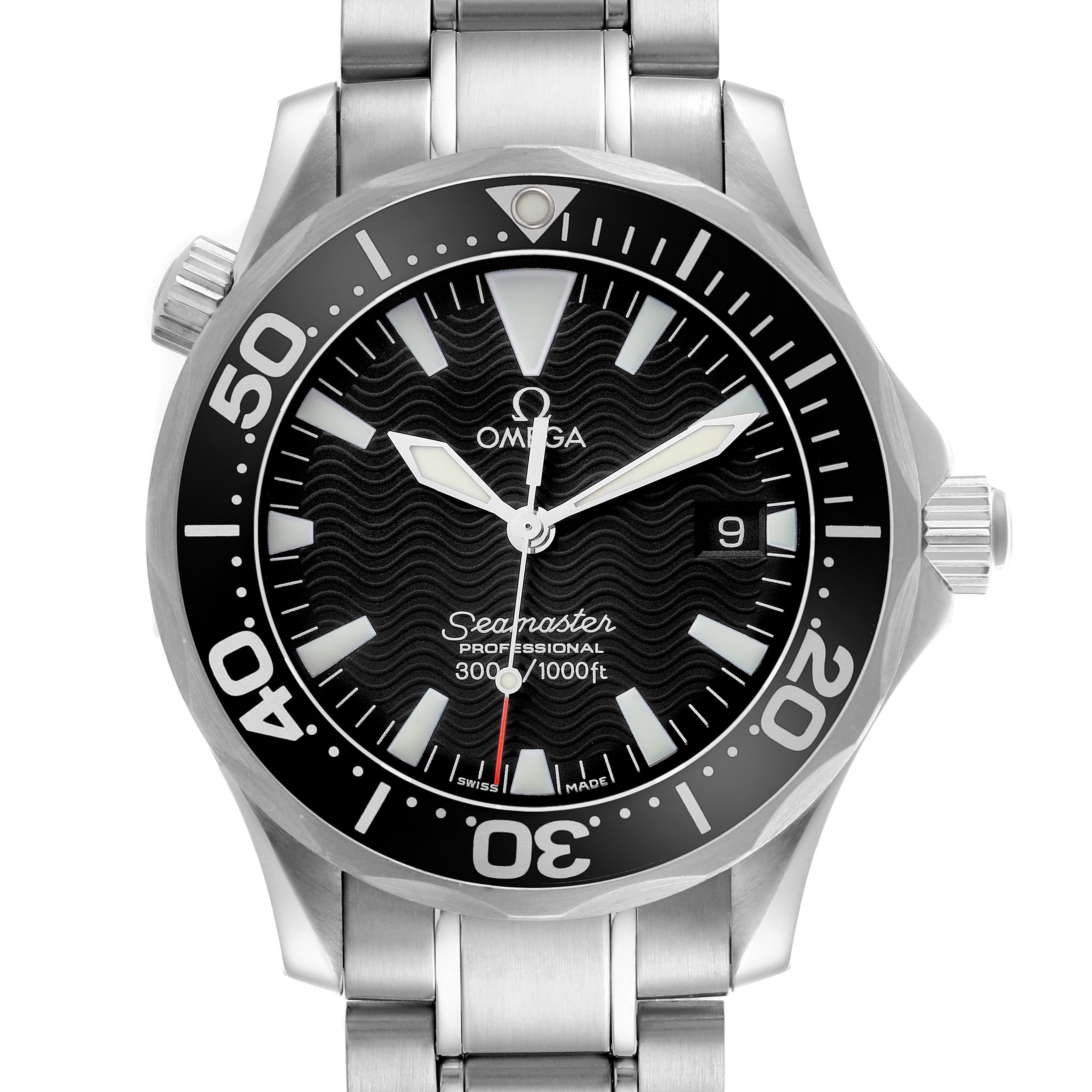 The image shows a frontal view of the Omega Seamaster 2262.50.00 Men
s Stainless Steel Black Dial 2262.50.00 Men
s Stainless Steel Black Dial watch, displaying the dial, bracelet, and bezel.