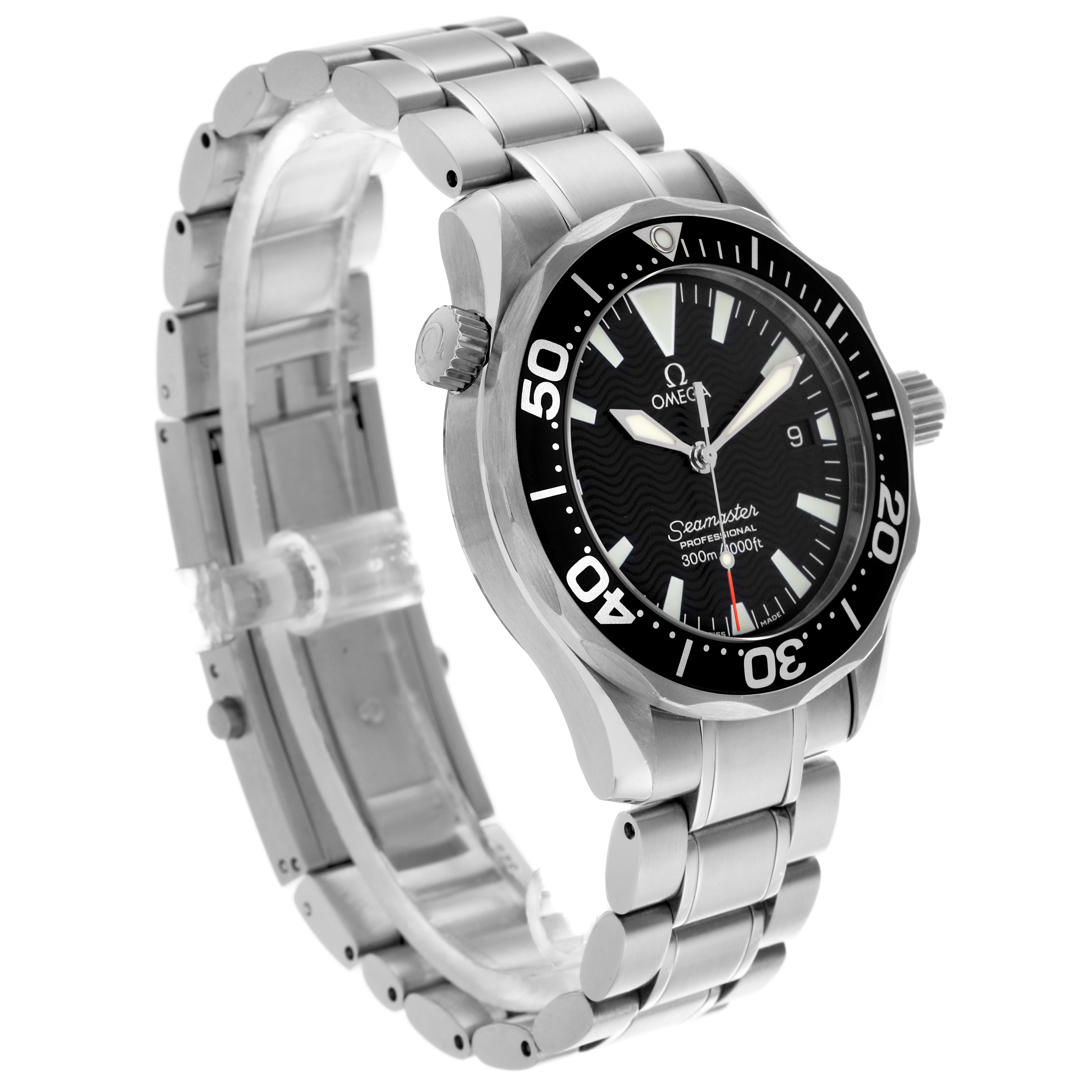 The Omega Seamaster 2262.50.00 Men
s Stainless Steel Black Dial 2262.50.00 Men
s Stainless Steel Black Dial watch is shown at a three-quarter angle, highlighting the bezel, dial, bracelet, and crown.