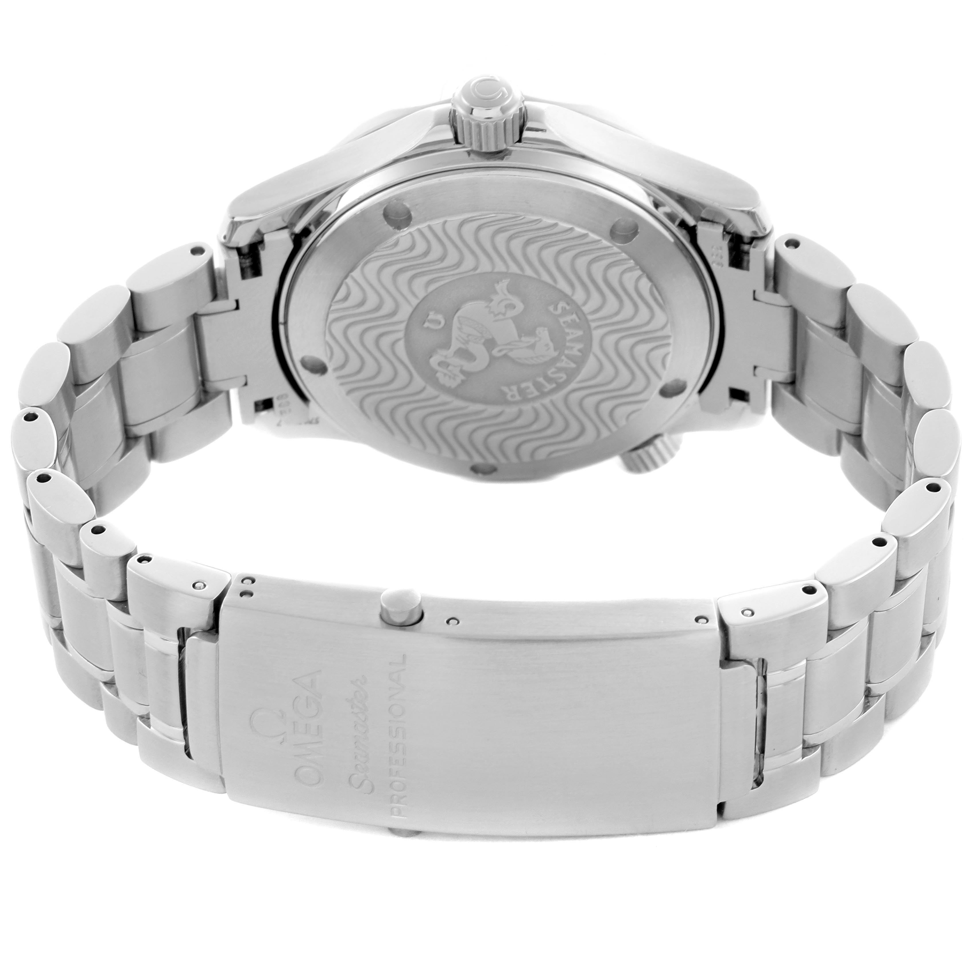 The image shows the back and bracelet of an Omega Seamaster 2262.50.00 Men
s Stainless Steel Black Dial 2262.50.00 Men
s Stainless Steel Black Dial watch, highlighting the case back and clasp.