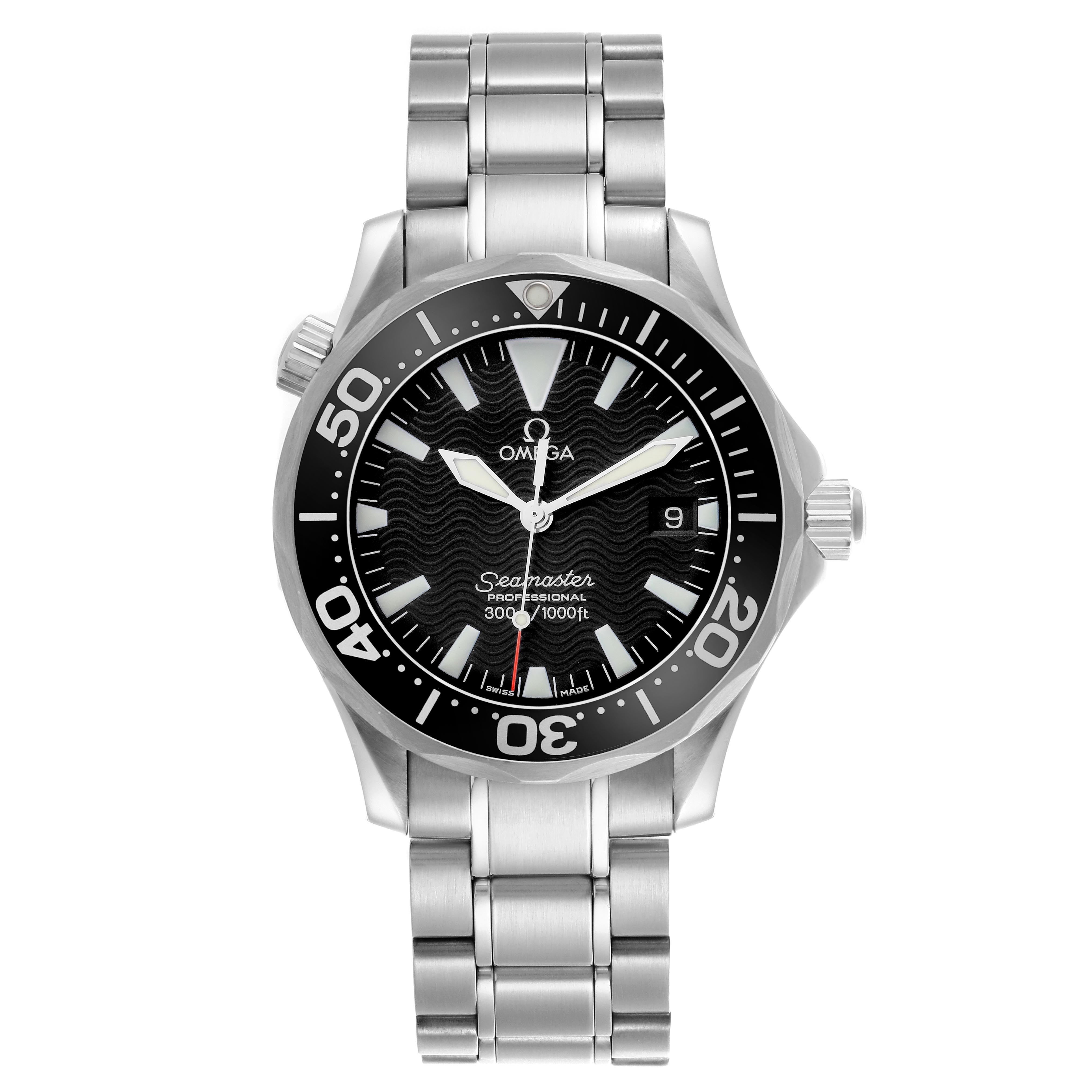 The Omega Seamaster 2262.50.00 Men
s Stainless Steel Black Dial 2262.50.00 Men
s Stainless Steel Black Dial watch is shown head-on, displaying the full face, bezel, crown, and stainless steel bracelet.