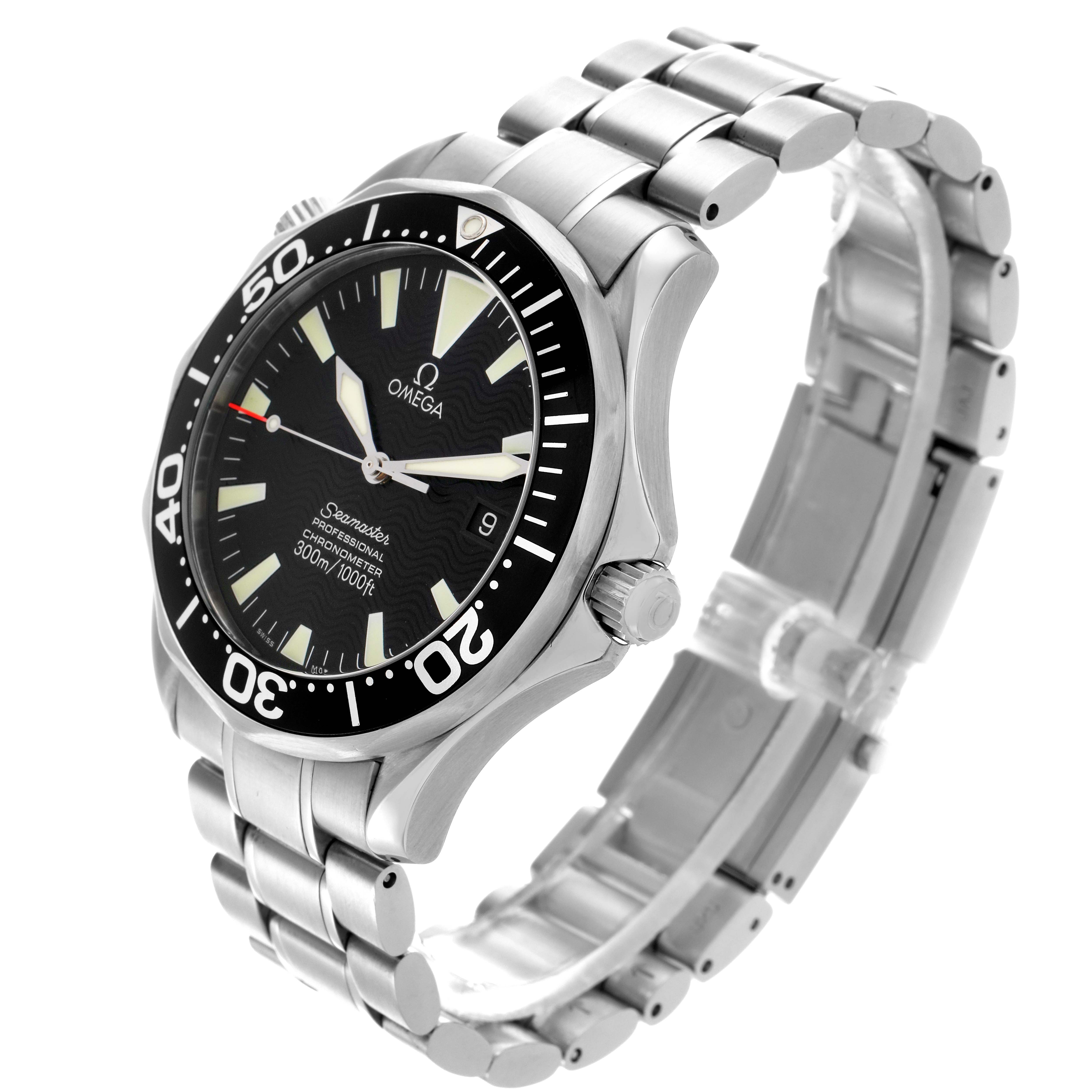 The Omega Seamaster 2254.50.00 Men
s Stainless Steel Black Dial 2254.50.00 Men
s Stainless Steel Black Dial watch is shown at a three-quarter angle, highlighting the face, bezel, and stainless steel bracelet.