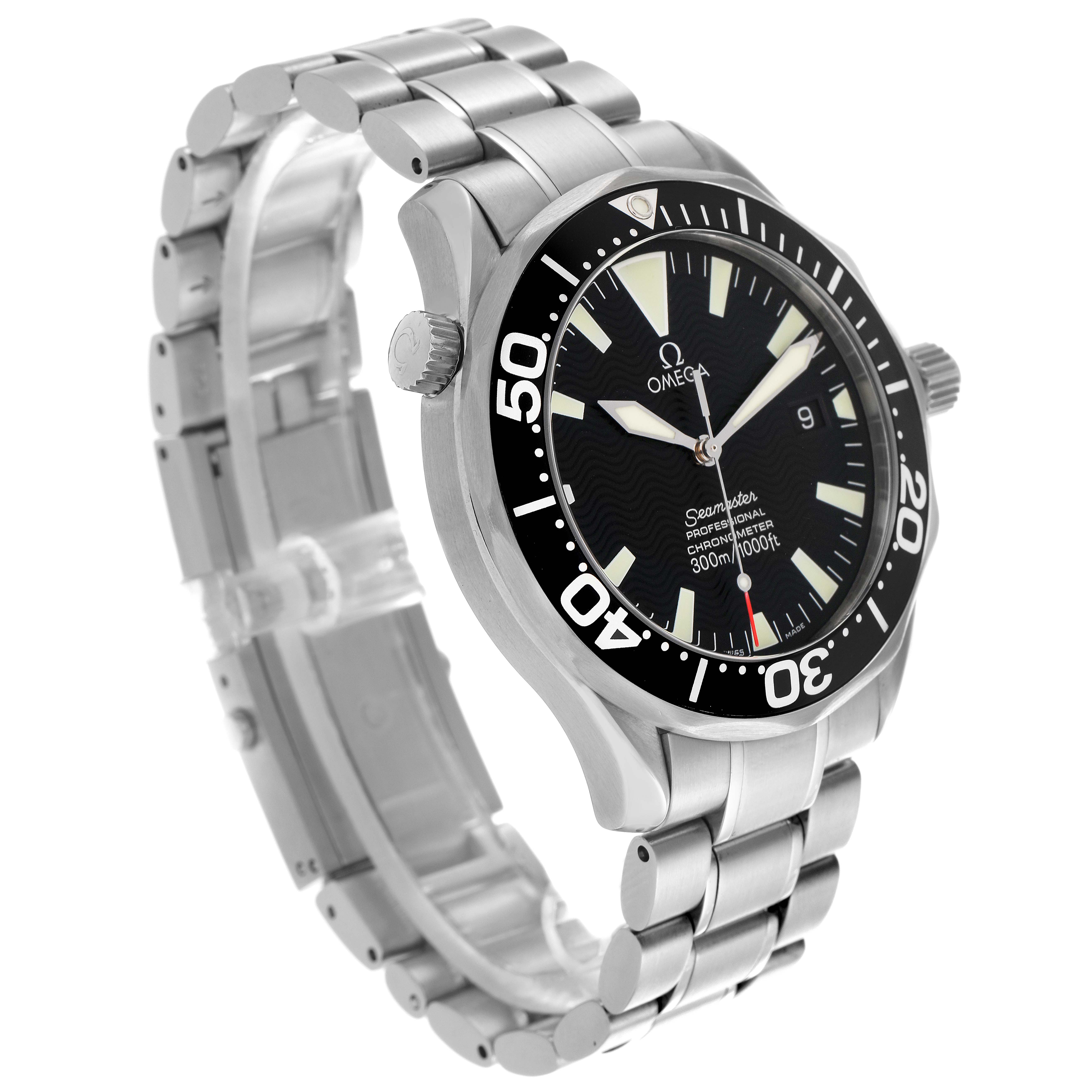 The Omega Seamaster 2254.50.00 Men
s Stainless Steel Black Dial 2254.50.00 Men
s Stainless Steel Black Dial watch is shown at an angled side view, displaying the face, bezel, and metal bracelet clearly.