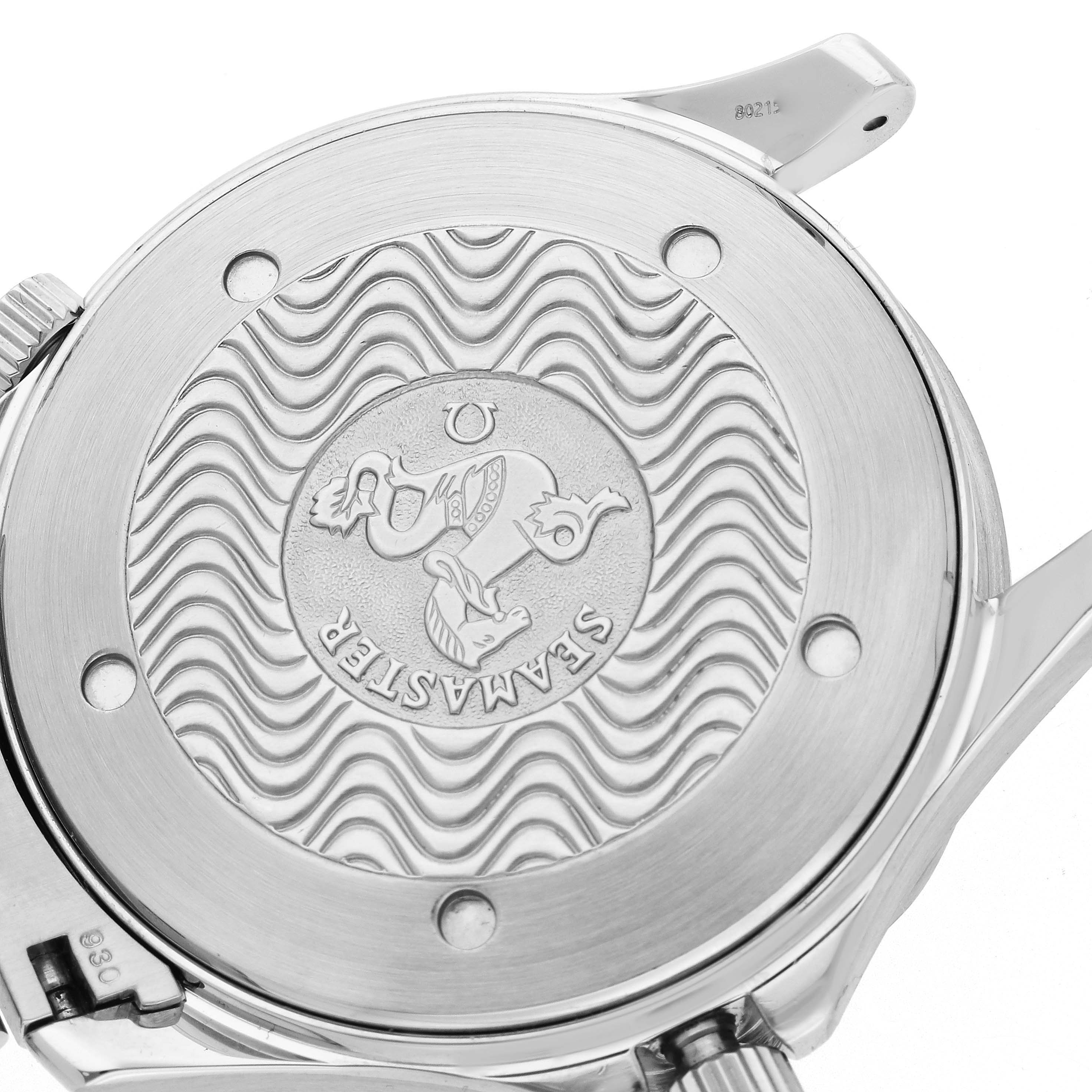 The image shows the back case of the Omega Seamaster 2254.50.00 Men
s Stainless Steel Black Dial 2254.50.00 Men
s Stainless Steel Black Dial watch with a detailed engraved design.