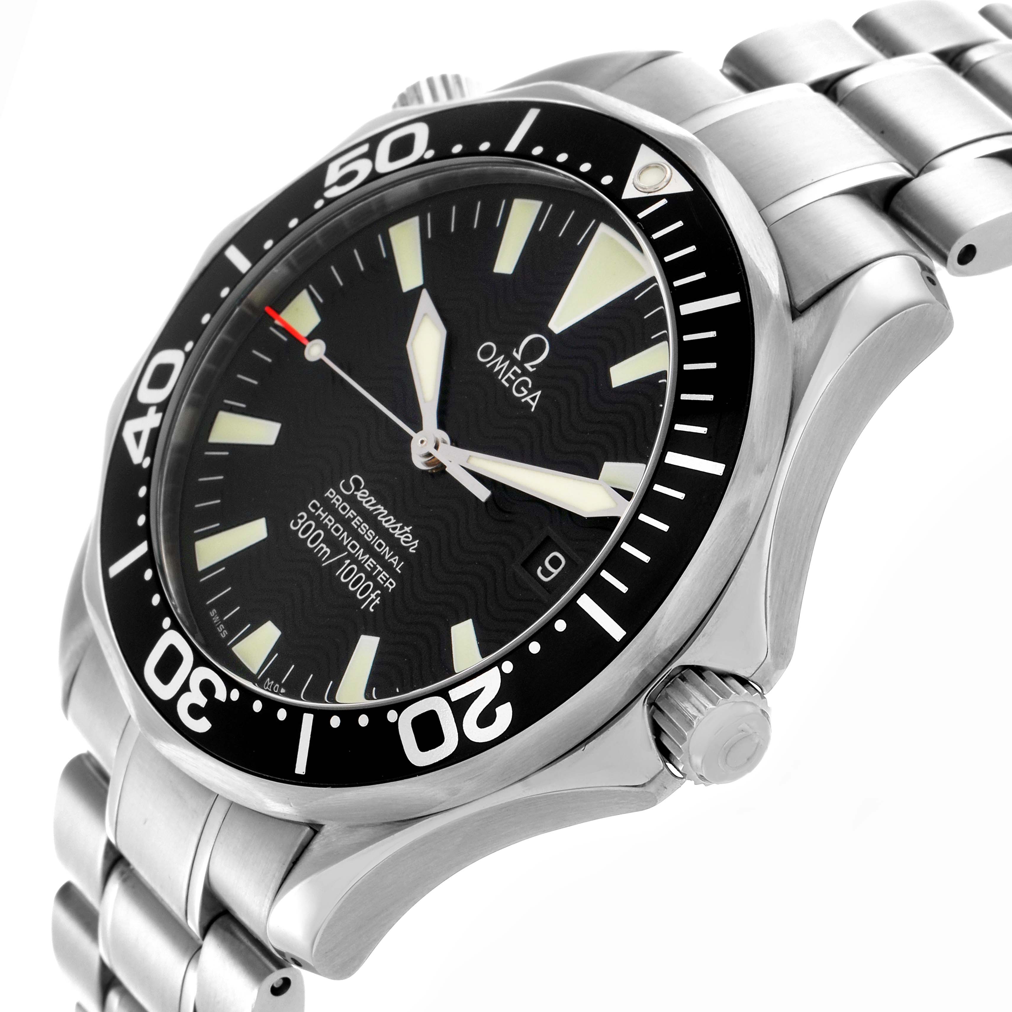 The Omega Seamaster 2254.50.00 Men
s Stainless Steel Black Dial 2254.50.00 Men
s Stainless Steel Black Dial watch is shown at a three-quarter angle, displaying the face, bezel, crown, and part of the metal bracelet.