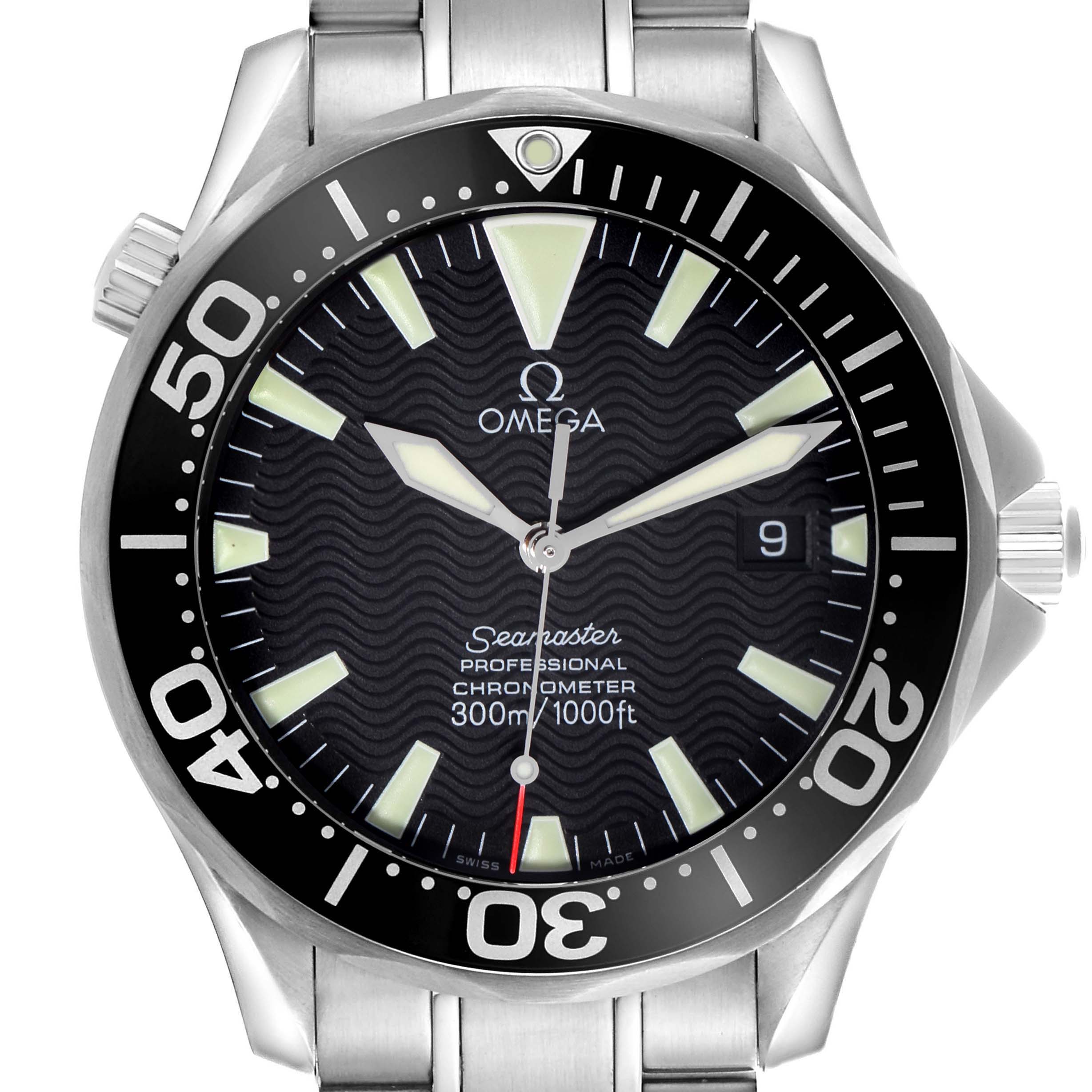 The Omega Seamaster 2254.50.00 Men
s Stainless Steel Black Dial 2254.50.00 Men
s Stainless Steel Black Dial watch is shown from a front angle, displaying the dial, bezel, case, and part of the bracelet.