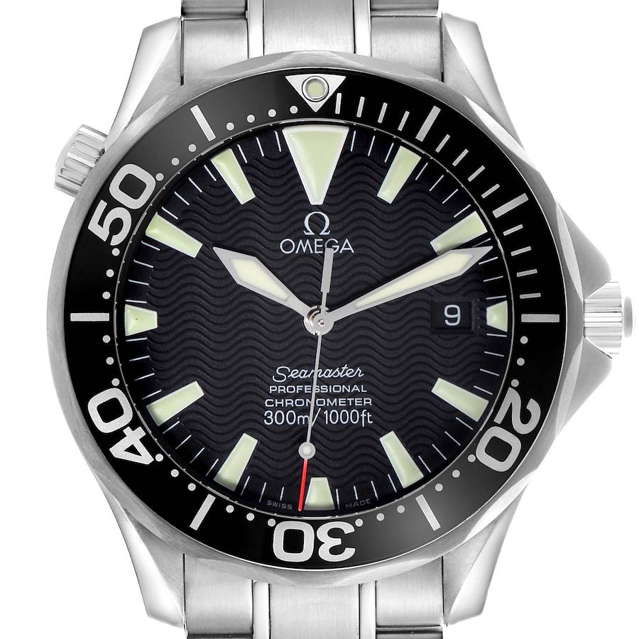 The Omega Seamaster watch is shown from a front angle, displaying the dial, bezel, case, and part of the bracelet.