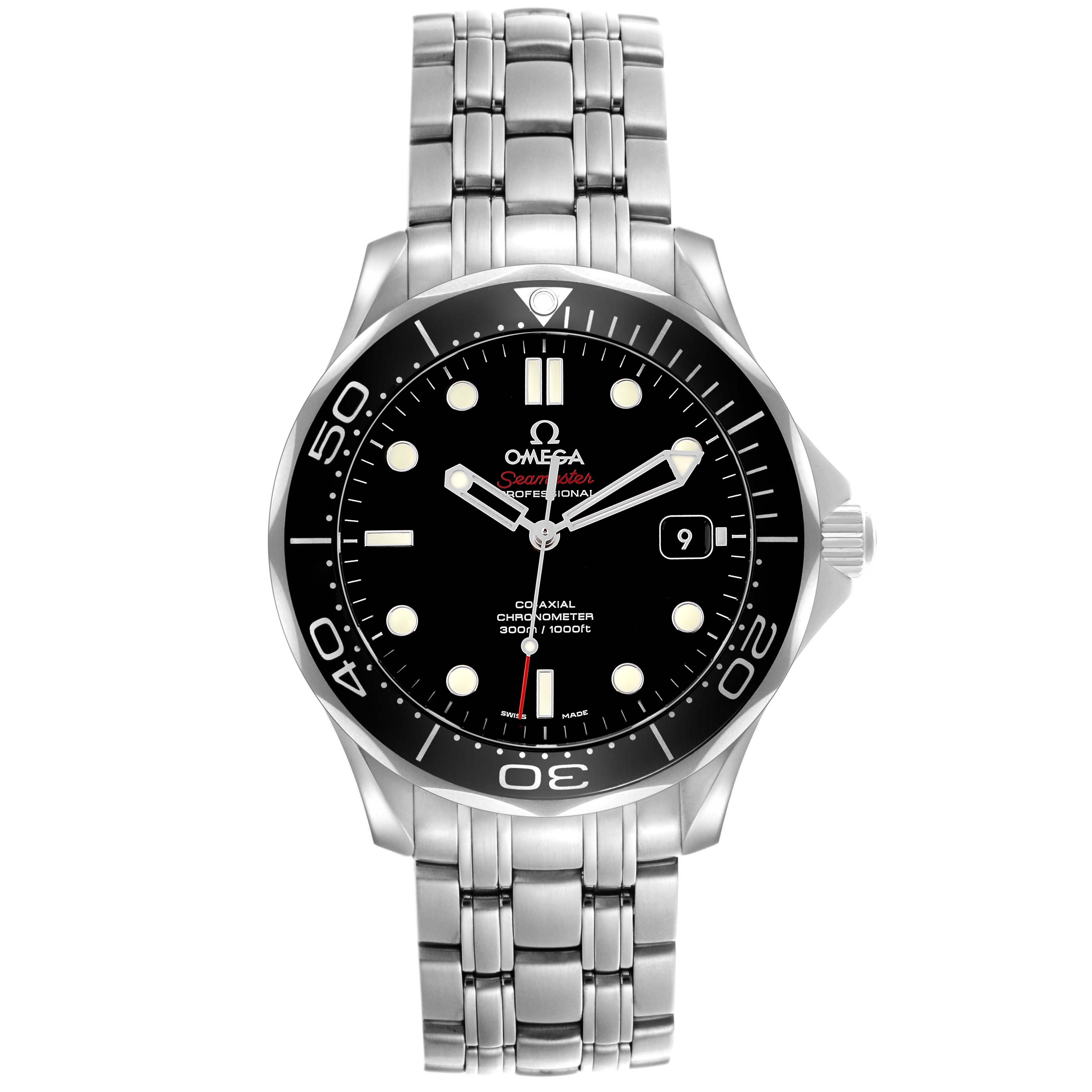 The Omega Seamaster 212.30.41.20.01.003 Men's Stainless Steel Black Dial watch is shown from a front angle, displaying the face, bezel, crown, and a portion of the metal bracelet.