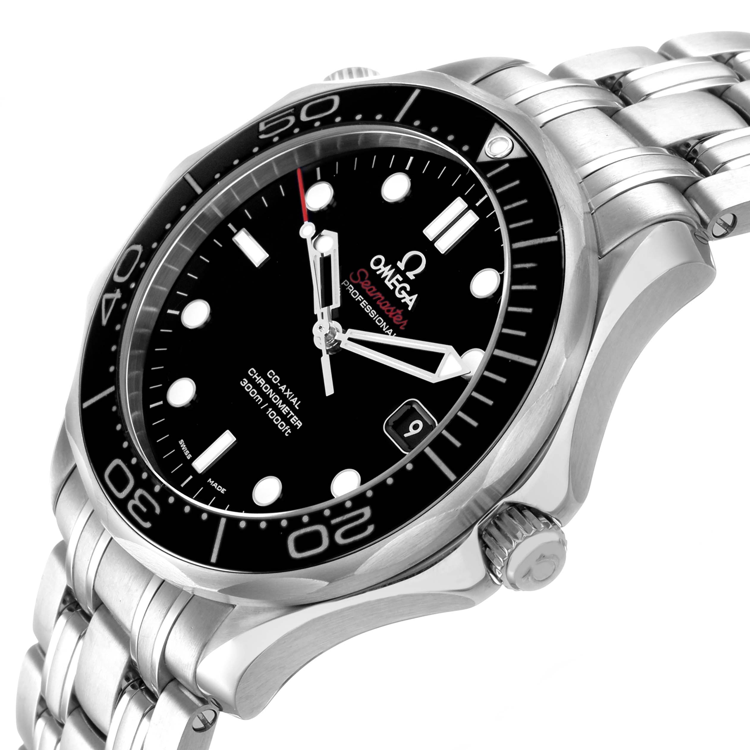 The Omega Seamaster 212.30.41.20.01.003 Men's Stainless Steel Black Dial watch is shown at a three-quarter angle, highlighting the dial, bezel, and stainless steel bracelet.