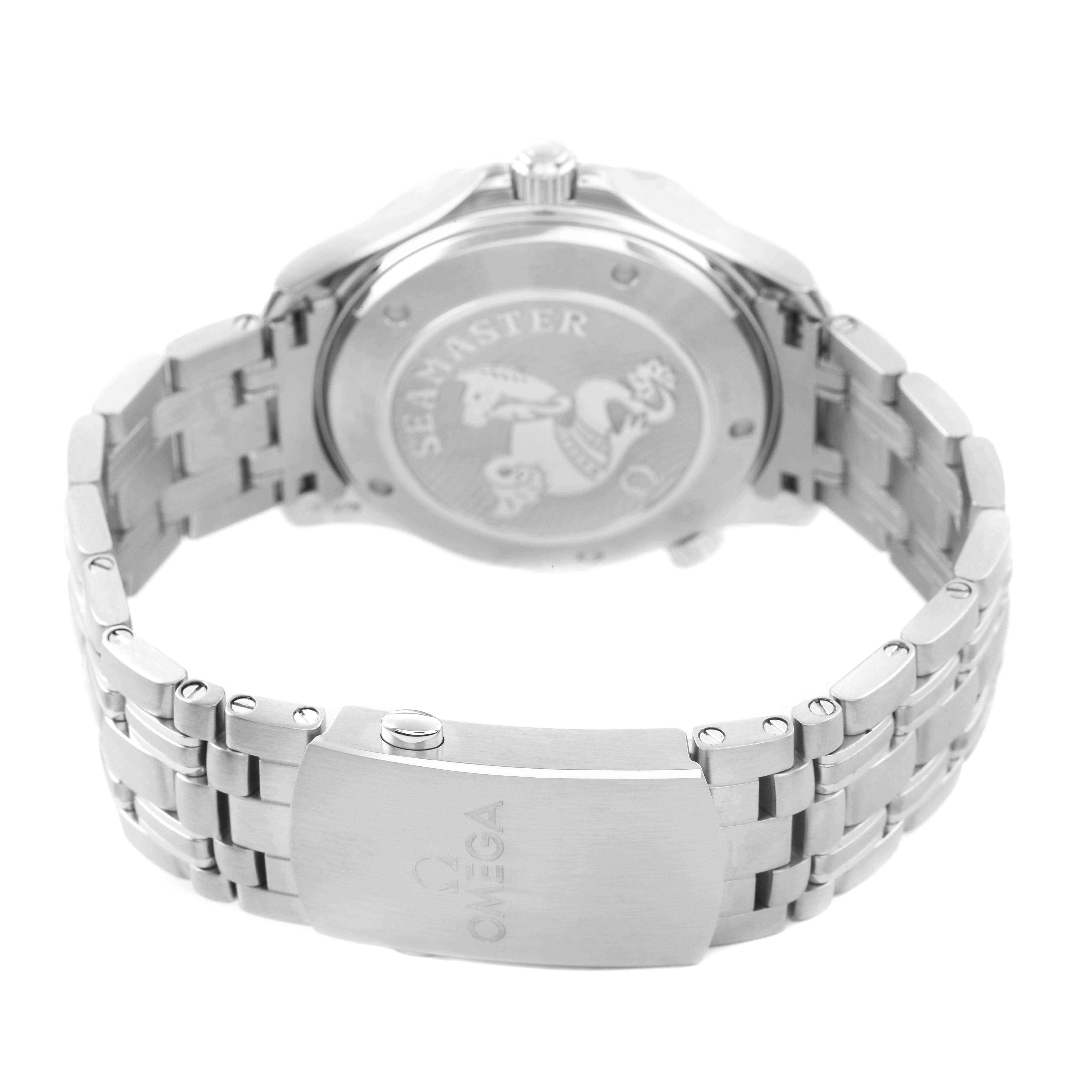 The image shows the back and clasp of an Omega Seamaster 212.30.41.20.01.003 Men's Stainless Steel Black Dial watch, highlighting the bracelet and engraved case back.