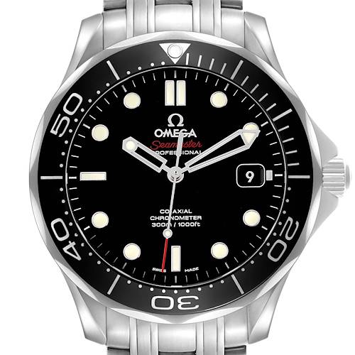 The Omega Seamaster 212.30.41.20.01.003 Men's Stainless Steel Black Dial watch is shown from the front, displaying the dial, bezel, crown, and part of the bracelet.