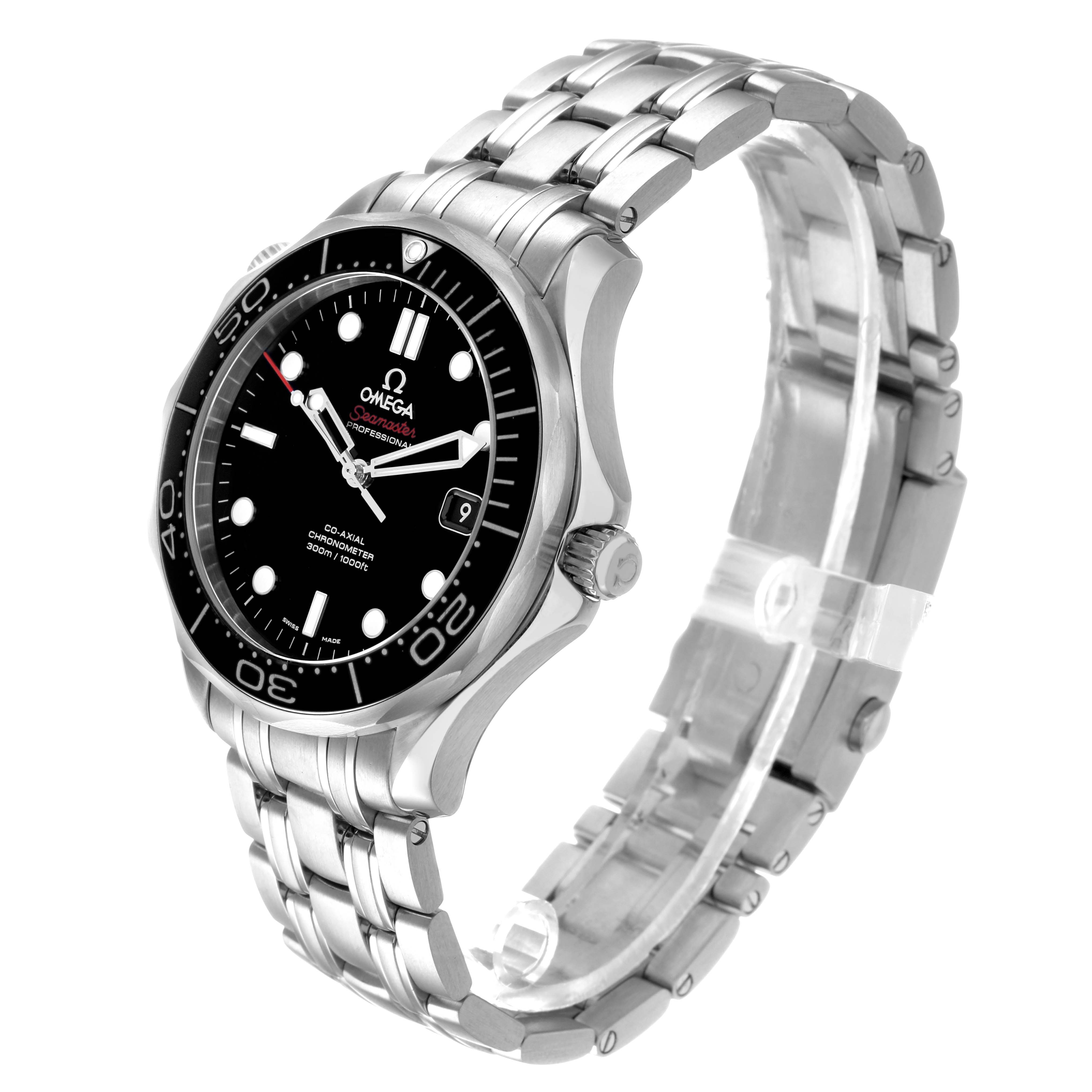 The Omega Seamaster 212.30.41.20.01.003 Men's Stainless Steel Black Dial watch is shown at a three-quarter angle, highlighting the face, bezel, crown, and stainless steel bracelet.