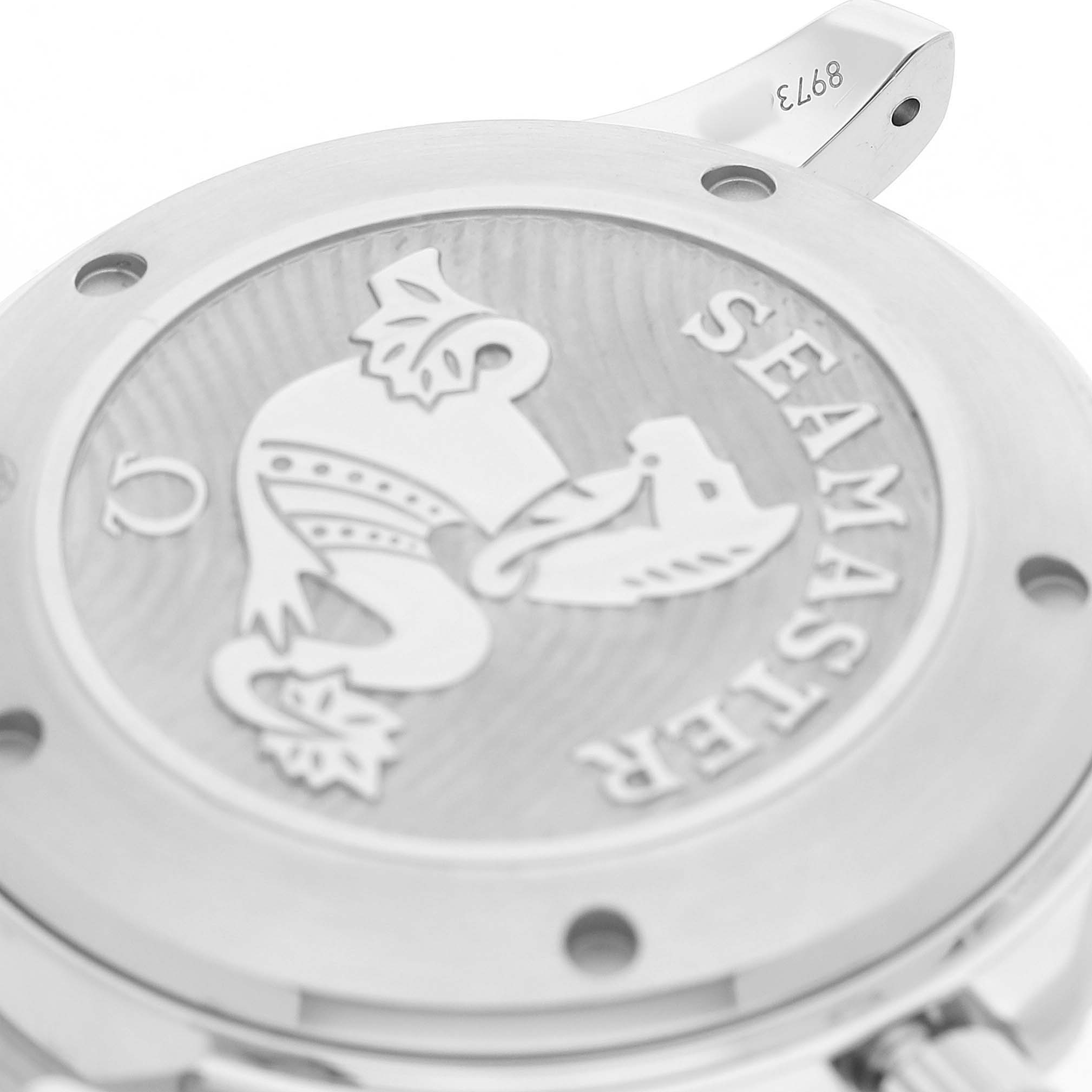 The image shows the case back of an Omega Seamaster 212.30.41.20.01.003 Men's Stainless Steel Black Dial watch featuring its engraved logo and serial number.