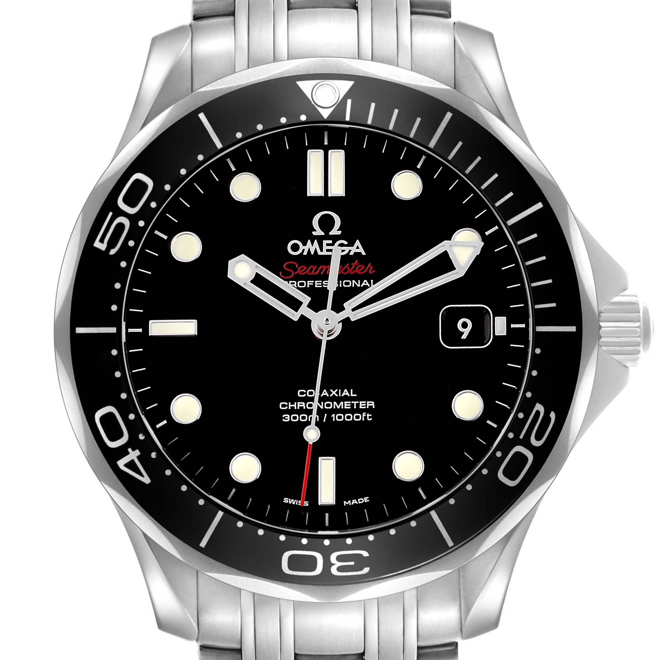 The Omega Seamaster 212.30.41.20.01.003 Men's Stainless Steel Black Dial watch is shown from a front angle, featuring its dial, bezel, hands, and part of the bracelet.