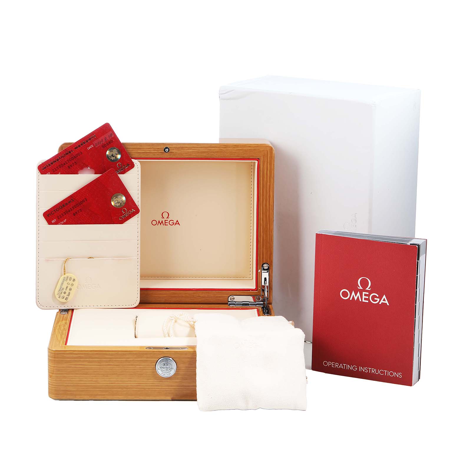 The image shows the packaging and accessories of the Omega Seamaster 212.30.41.20.01.003 Men's Stainless Steel Black Dial watch, including a wooden box, cards, and an instruction booklet.