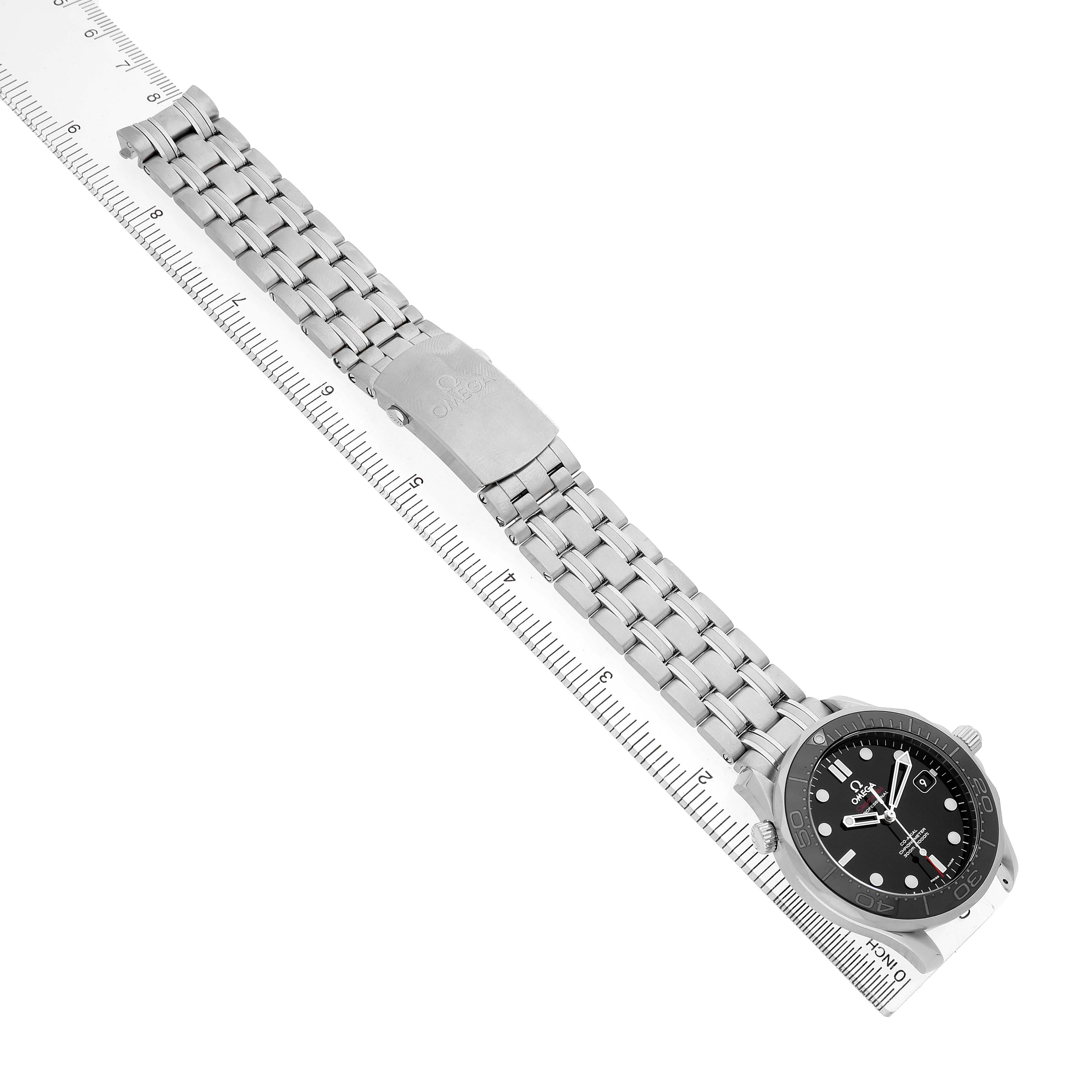 The Omega Seamaster 212.30.41.20.01.003 Men's Stainless Steel Black Dial watch is shown at an overhead angle, displaying the bracelet, clasp, and dial.