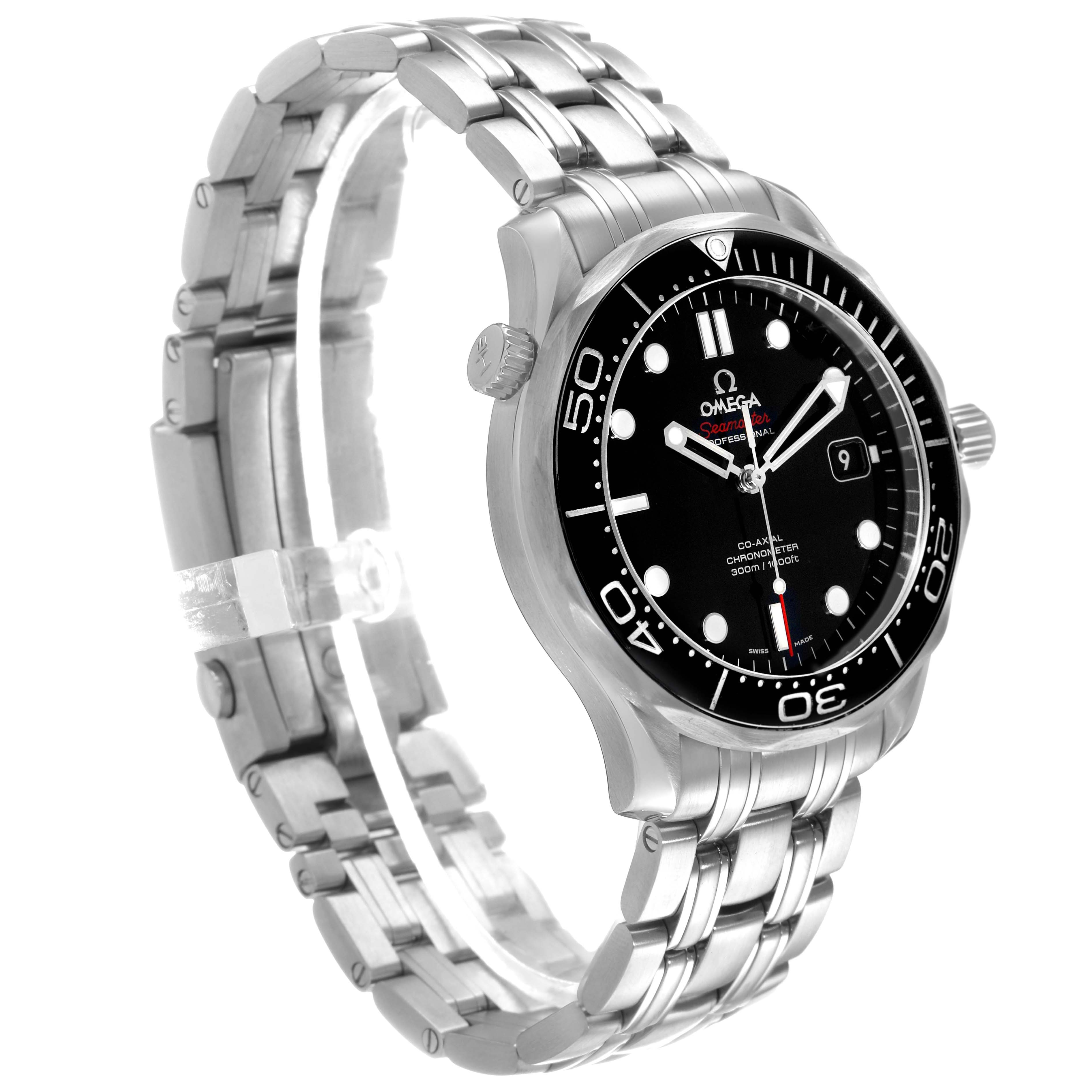 The Omega Seamaster 212.30.41.20.01.003 Men's Stainless Steel Black Dial watch is shown at a slight angle, displaying the face, bezel, crown, and metal bracelet.