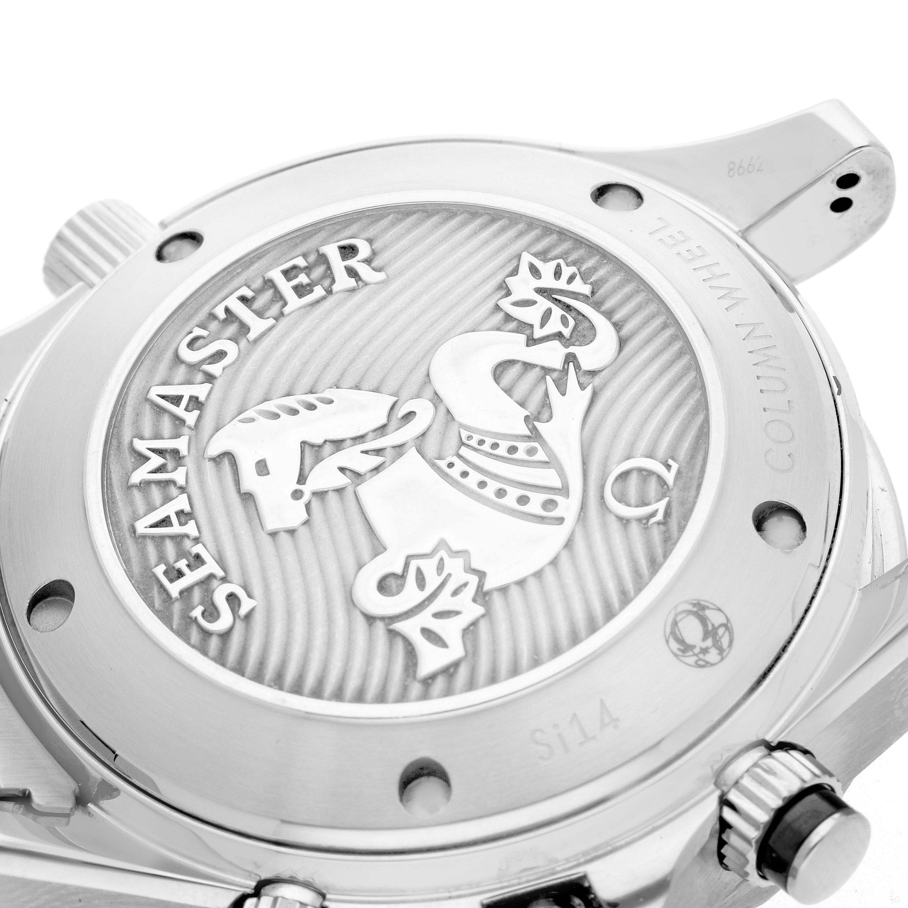 The image shows the case back of an Omega Seamaster 212.30.42.50.01.001 Men
s Stainless Steel Black Dial 212.30.42.50.01.001 Men
s Stainless Steel Black Dial, highlighting its engraved logo and metal finish.