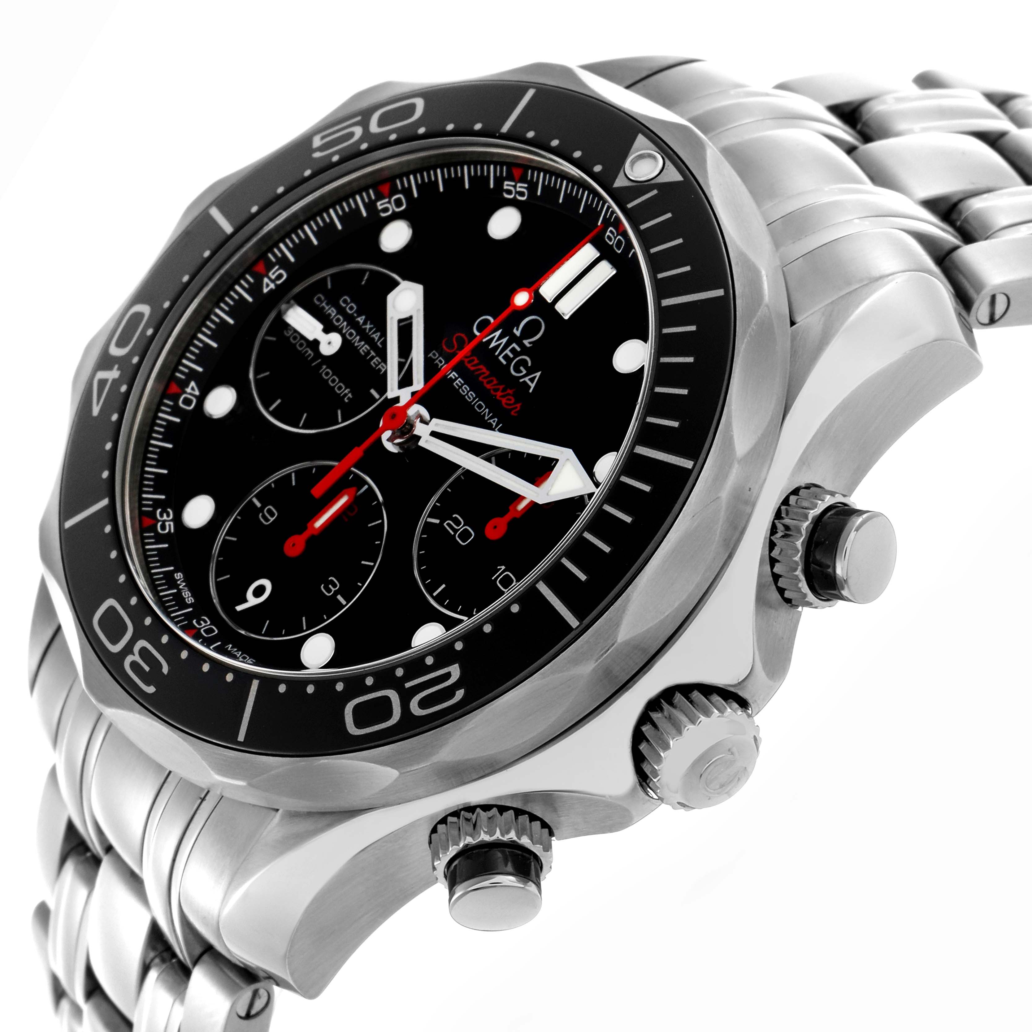 The Omega Seamaster 212.30.42.50.01.001 Men
s Stainless Steel Black Dial 212.30.42.50.01.001 Men
s Stainless Steel Black Dial watch is shown at an angle highlighting the bezel, dial, crown, and stainless steel bracelet.