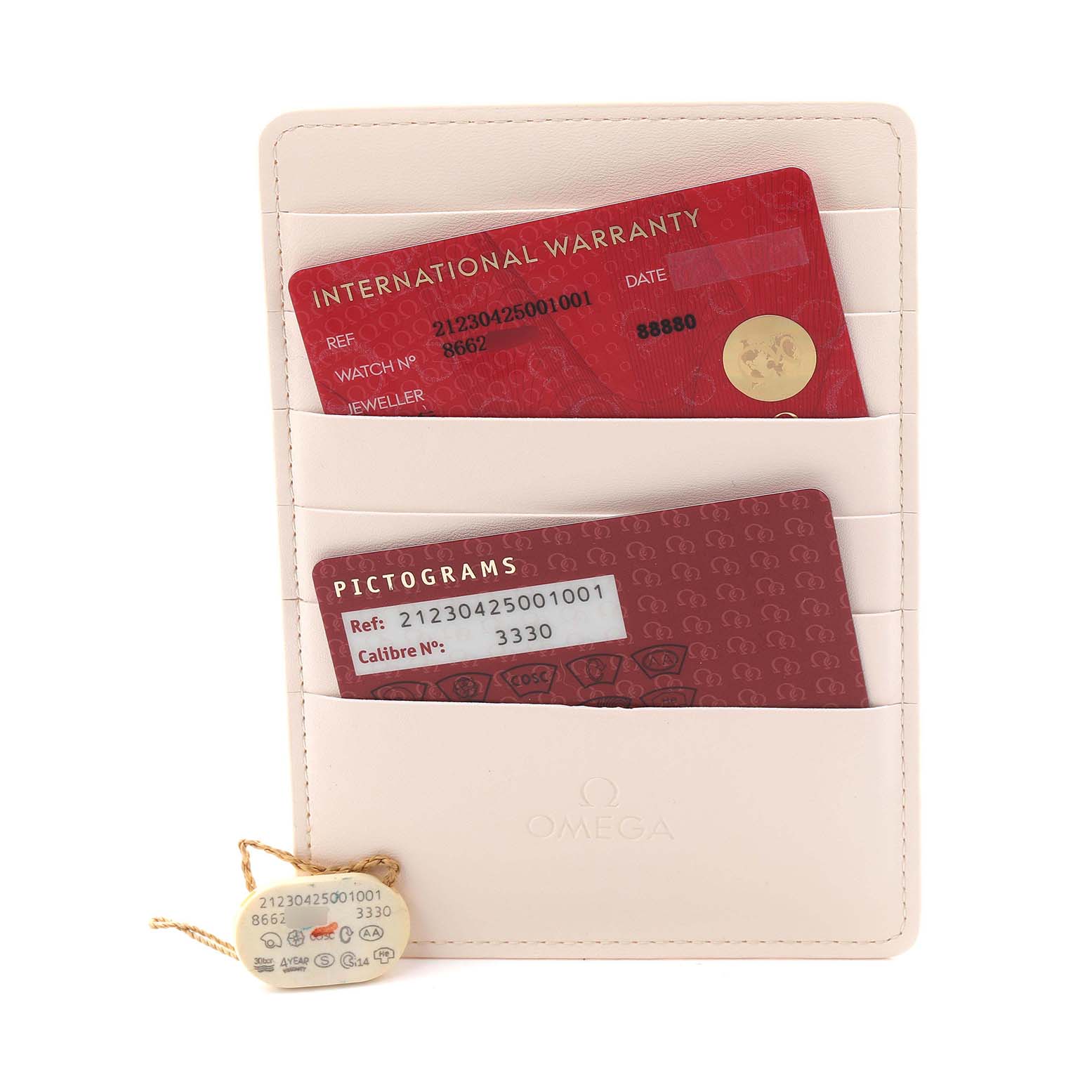 The image displays Omega Seamaster 212.30.42.50.01.001 Men
s Stainless Steel Black Dial 212.30.42.50.01.001 Men
s Stainless Steel Black Dial watch accessories including warranty and pictogram cards in a cardholder.