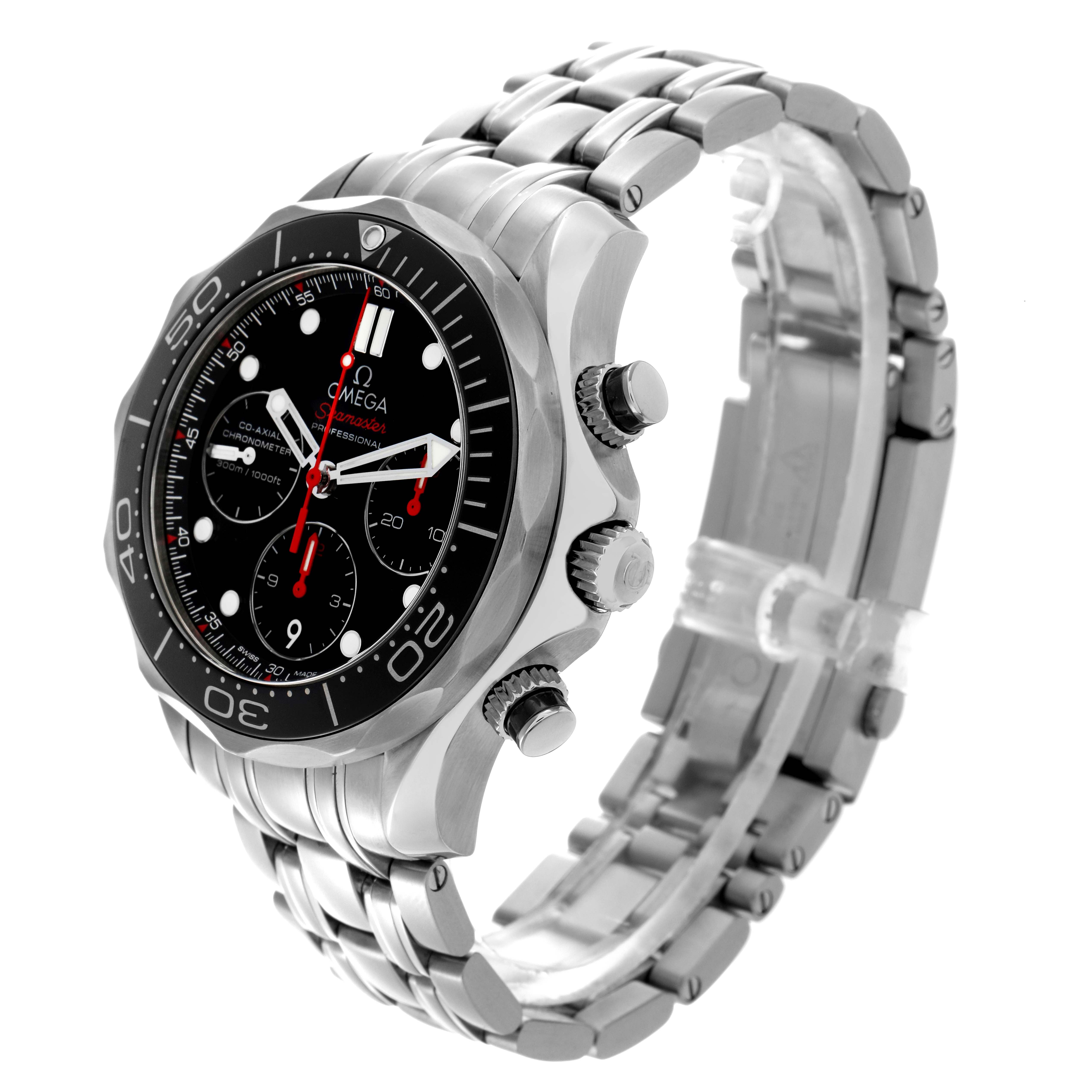 The Omega Seamaster 212.30.42.50.01.001 Men
s Stainless Steel Black Dial 212.30.42.50.01.001 Men
s Stainless Steel Black Dial watch is shown at a slight angle, revealing the face, bezel, crown, pushers, and metal bracelet.