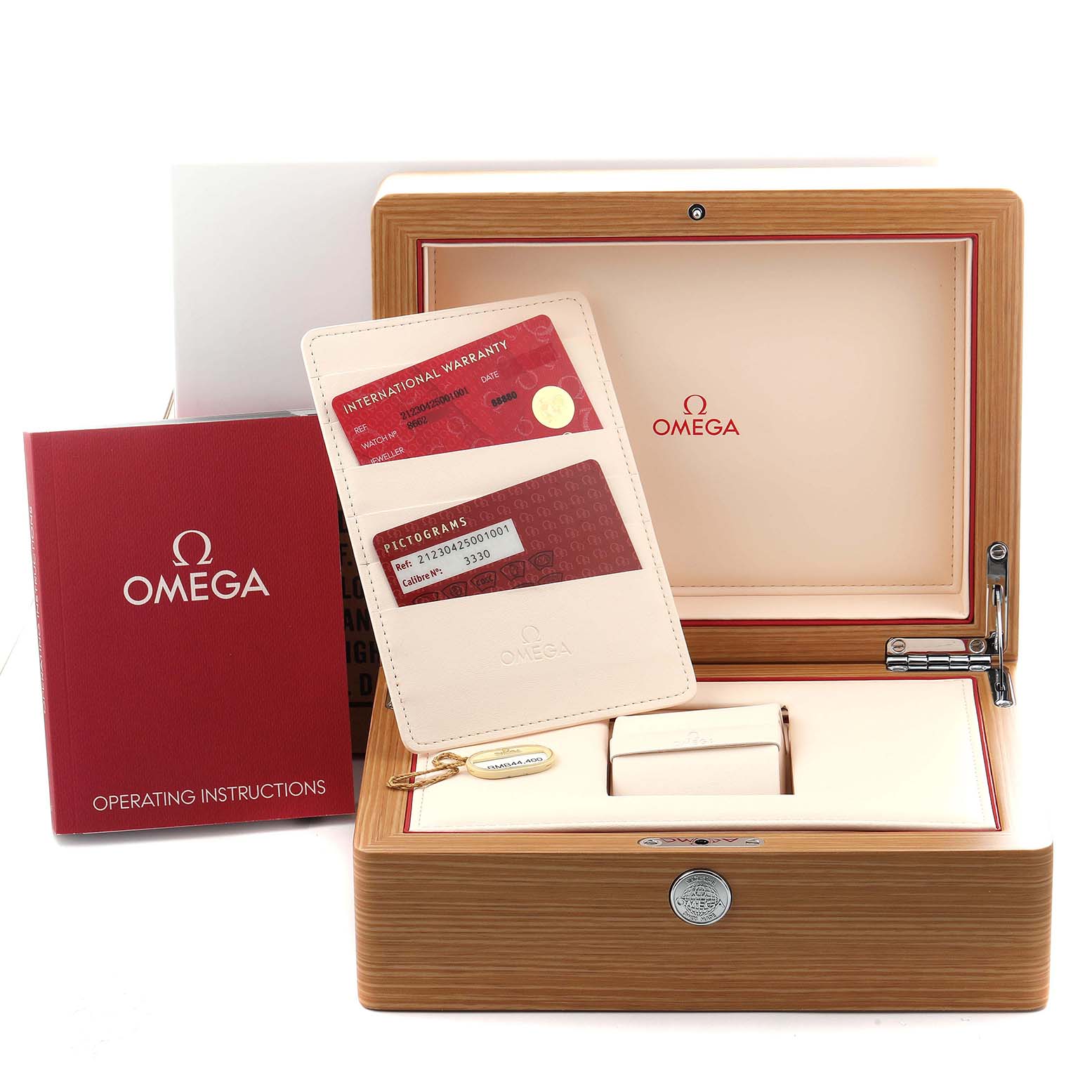 The image shows the Omega Seamaster 212.30.42.50.01.001 Men
s Stainless Steel Black Dial 212.30.42.50.01.001 Men
s Stainless Steel Black Dial
s wooden box, warranty cards, instruction book, and packaging.