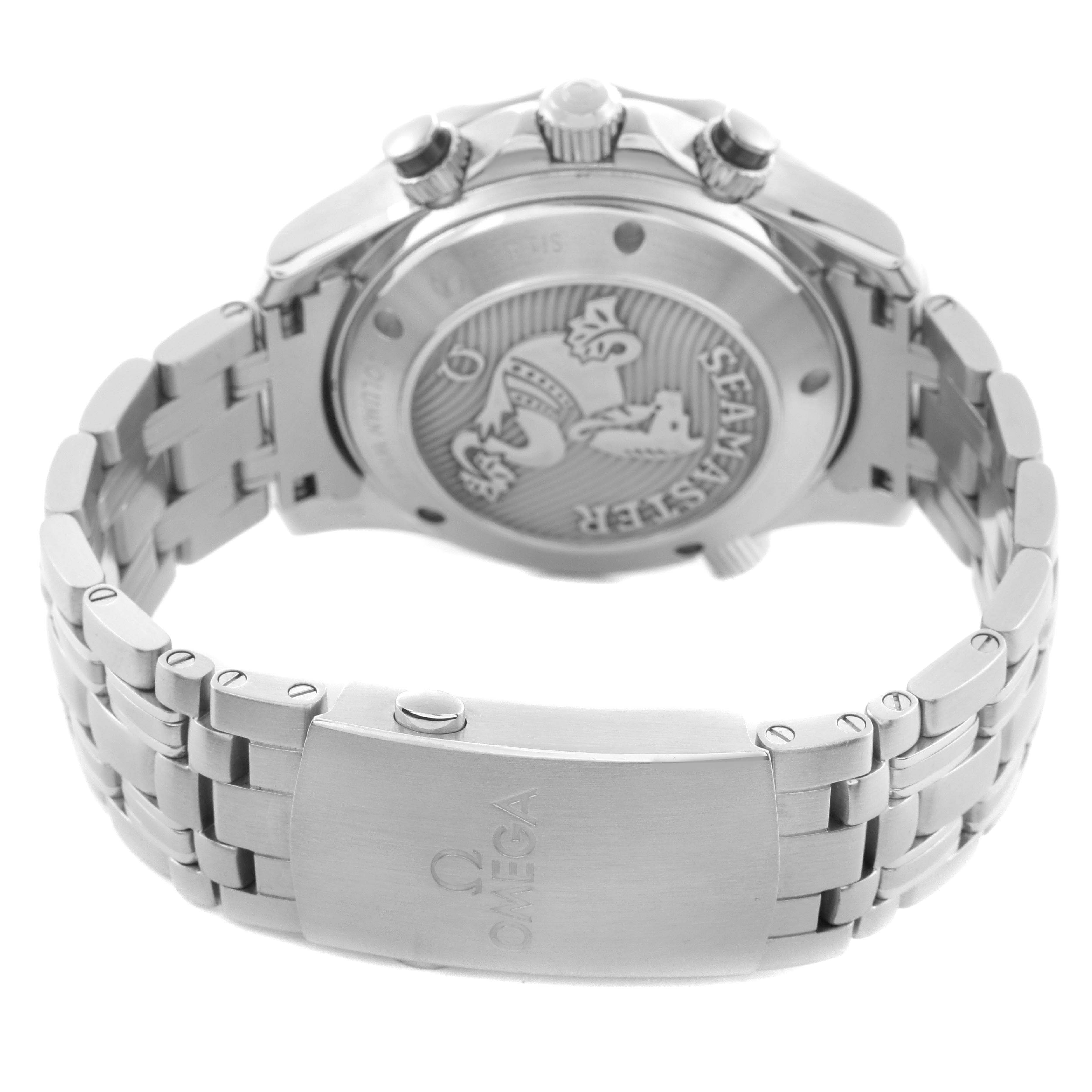 The image shows the back and bracelet clasp of the Omega Seamaster 212.30.42.50.01.001 Men
s Stainless Steel Black Dial 212.30.42.50.01.001 Men
s Stainless Steel Black Dial, highlighting the engraved case back and metal links.