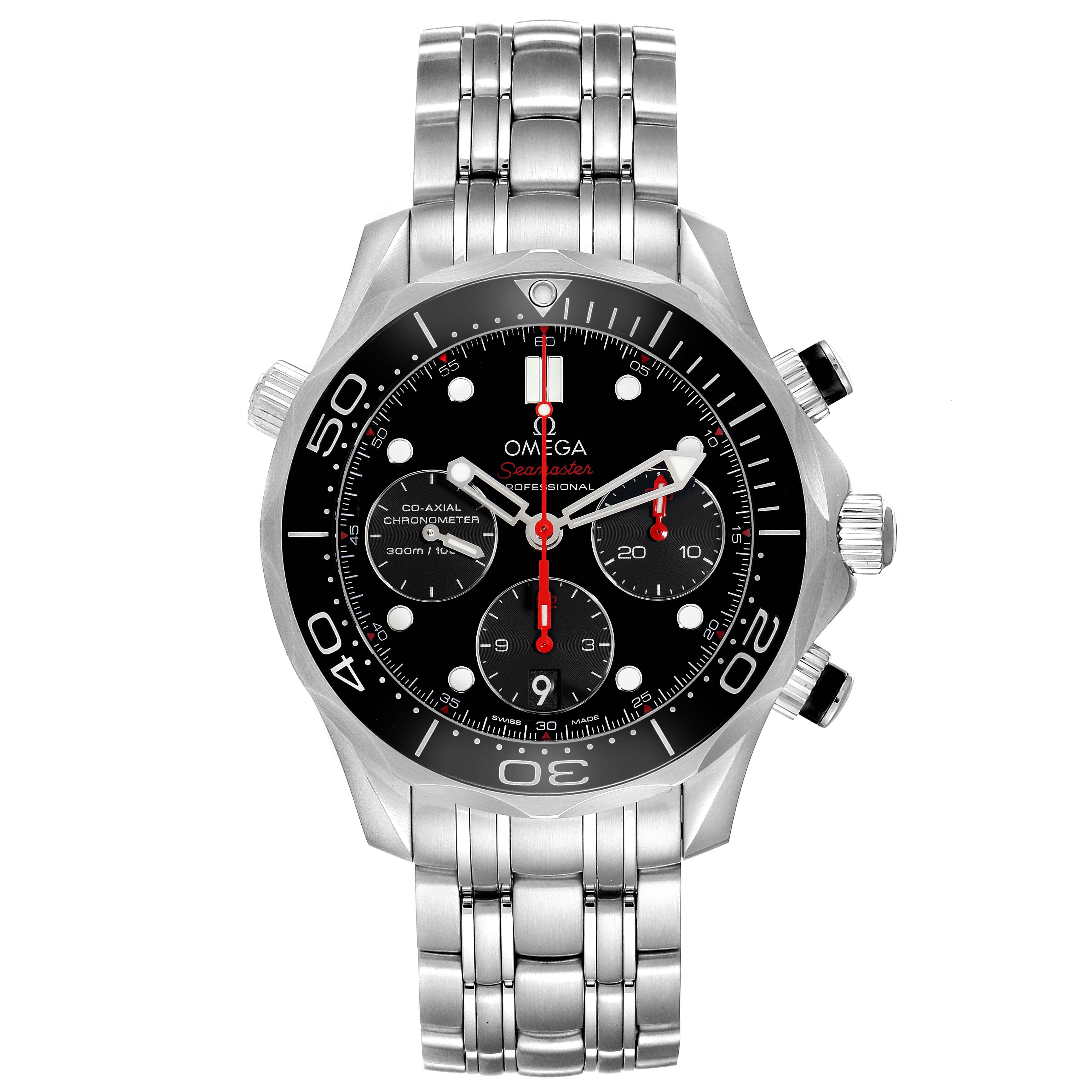 The Omega Seamaster 212.30.42.50.01.001 Men
s Stainless Steel Black Dial 212.30.42.50.01.001 Men
s Stainless Steel Black Dial watch is shown from the front, displaying the face, bracelet, bezel, and chronograph dials.