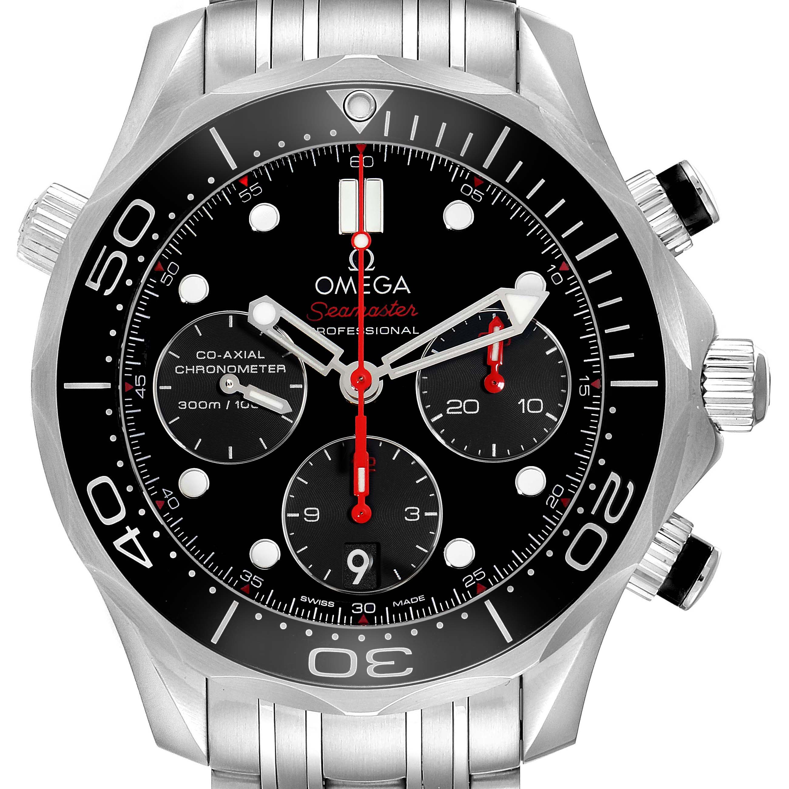 The Omega Seamaster 212.30.42.50.01.001 Men
s Stainless Steel Black Dial 212.30.42.50.01.001 Men
s Stainless Steel Black Dial watch is shown from a front angle, highlighting its bezel, dial, and chronograph subdials.