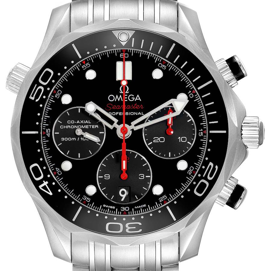 The Omega Seamaster watch is shown from a front angle, highlighting its bezel, dial, and chronograph subdials.