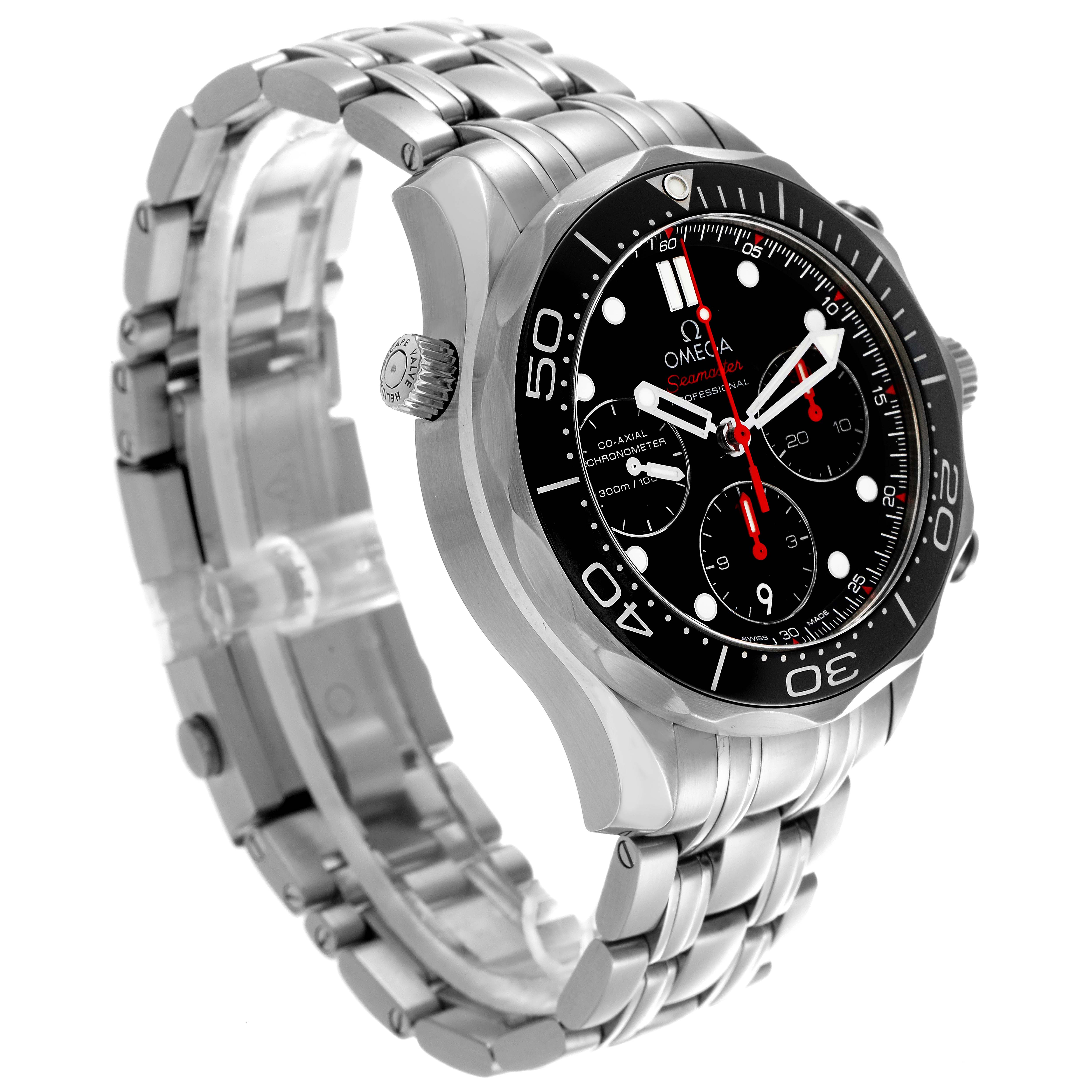 The Omega Seamaster 212.30.42.50.01.001 Men
s Stainless Steel Black Dial 212.30.42.50.01.001 Men
s Stainless Steel Black Dial watch is shown from a side angle, highlighting the dial, bezel, crown, and metallic band.
