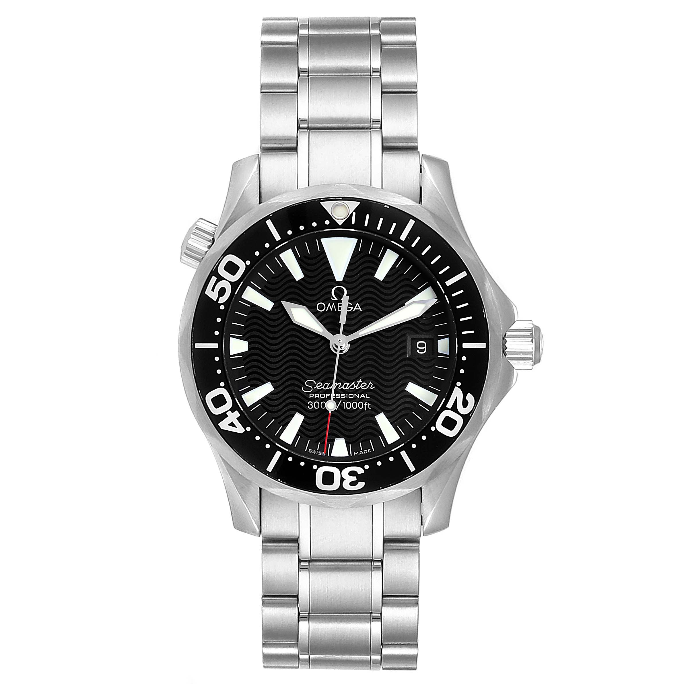 The Omega Seamaster 2262.50.00 Men's Stainless Steel Black Dial 2262.50.00 Men's Stainless Steel Black Dial watch is shown from a front view, displaying the black dial, bezel, stainless steel bracelet, and crown.