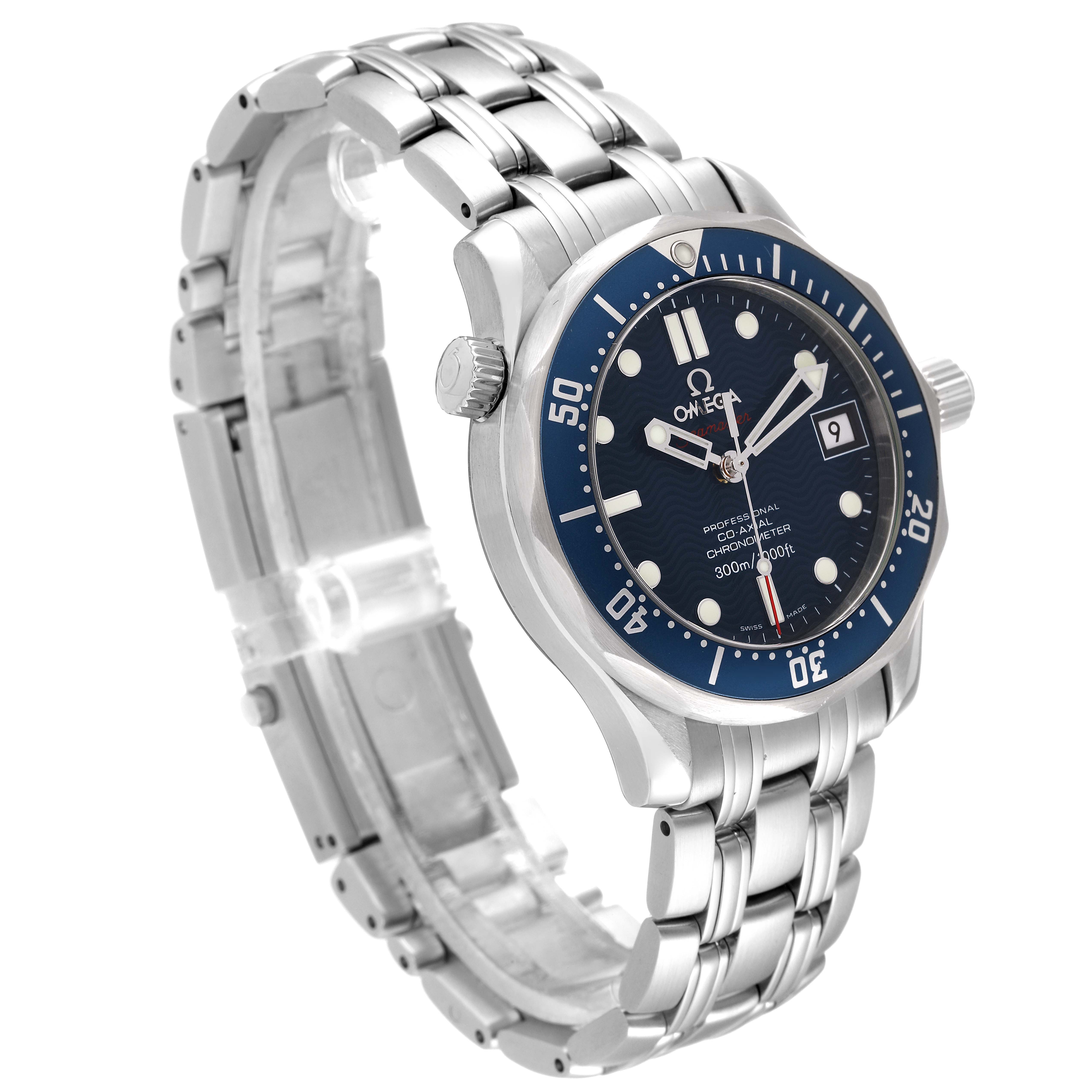 The image shows an Omega Seamaster 2222.80.00 Men's Stainless Steel Blue Dial 2222.80.00 Men's Stainless Steel Blue Dial watch angled from the front-left, highlighting the dial, bezel, bracelet, and crown.