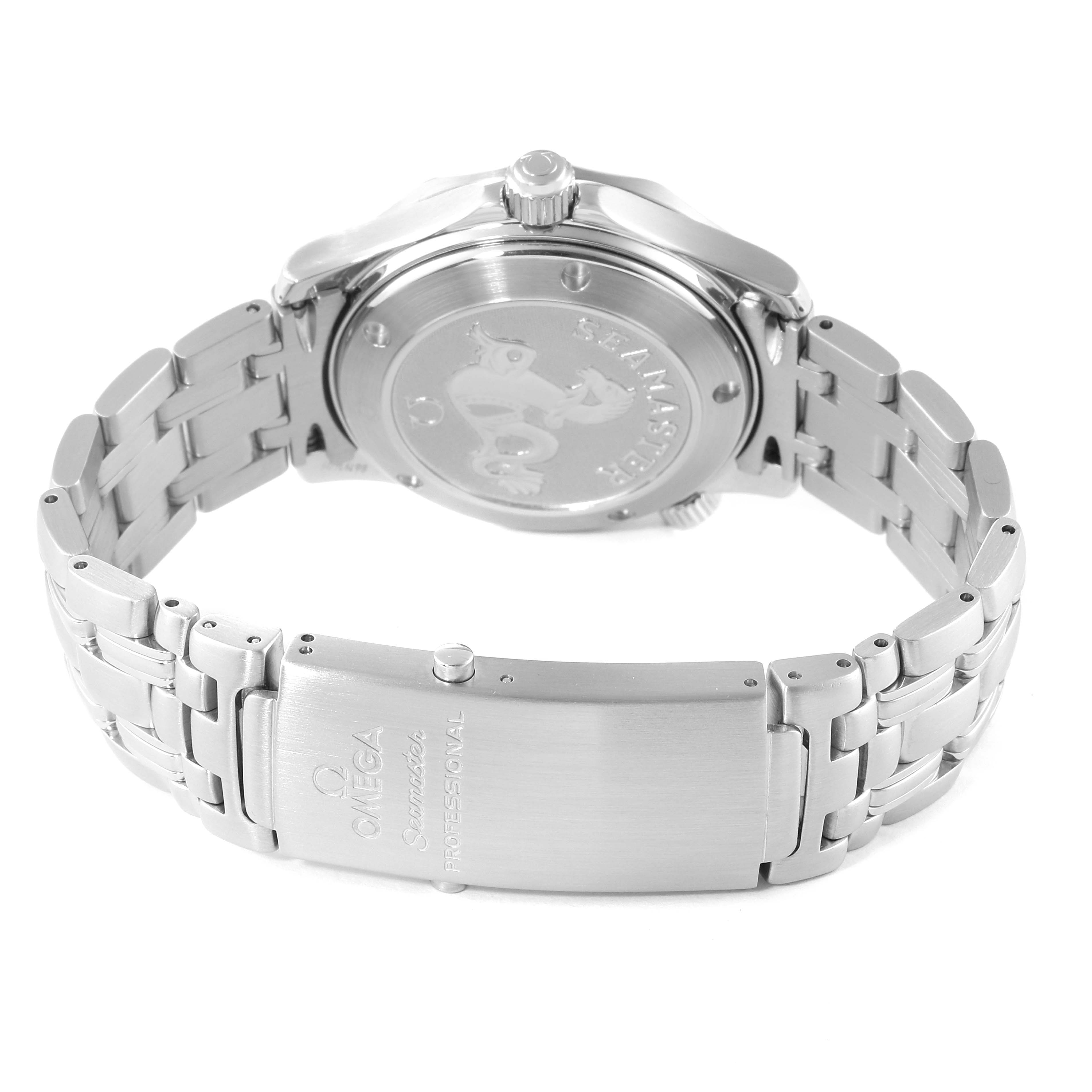 The image shows the backside and clasp of an Omega Seamaster 2222.80.00 Men's Stainless Steel Blue Dial 2222.80.00 Men's Stainless Steel Blue Dial watch, highlighting the branded engraving on the clasp and case back.