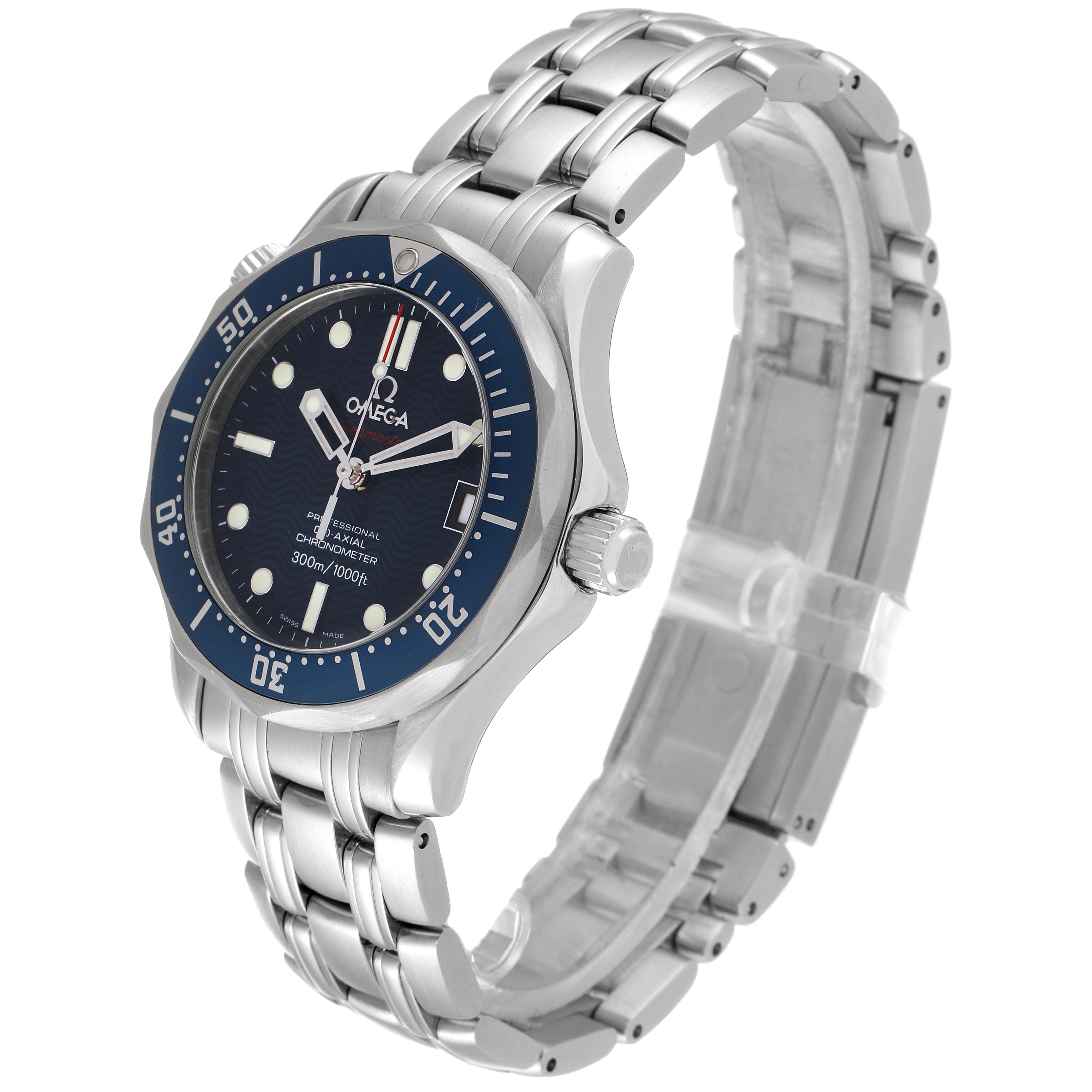 The image shows an Omega Seamaster 2222.80.00 Men's Stainless Steel Blue Dial 2222.80.00 Men's Stainless Steel Blue Dial watch at a three-quarter angle, highlighting its face, bezel, crown, and metal bracelet.