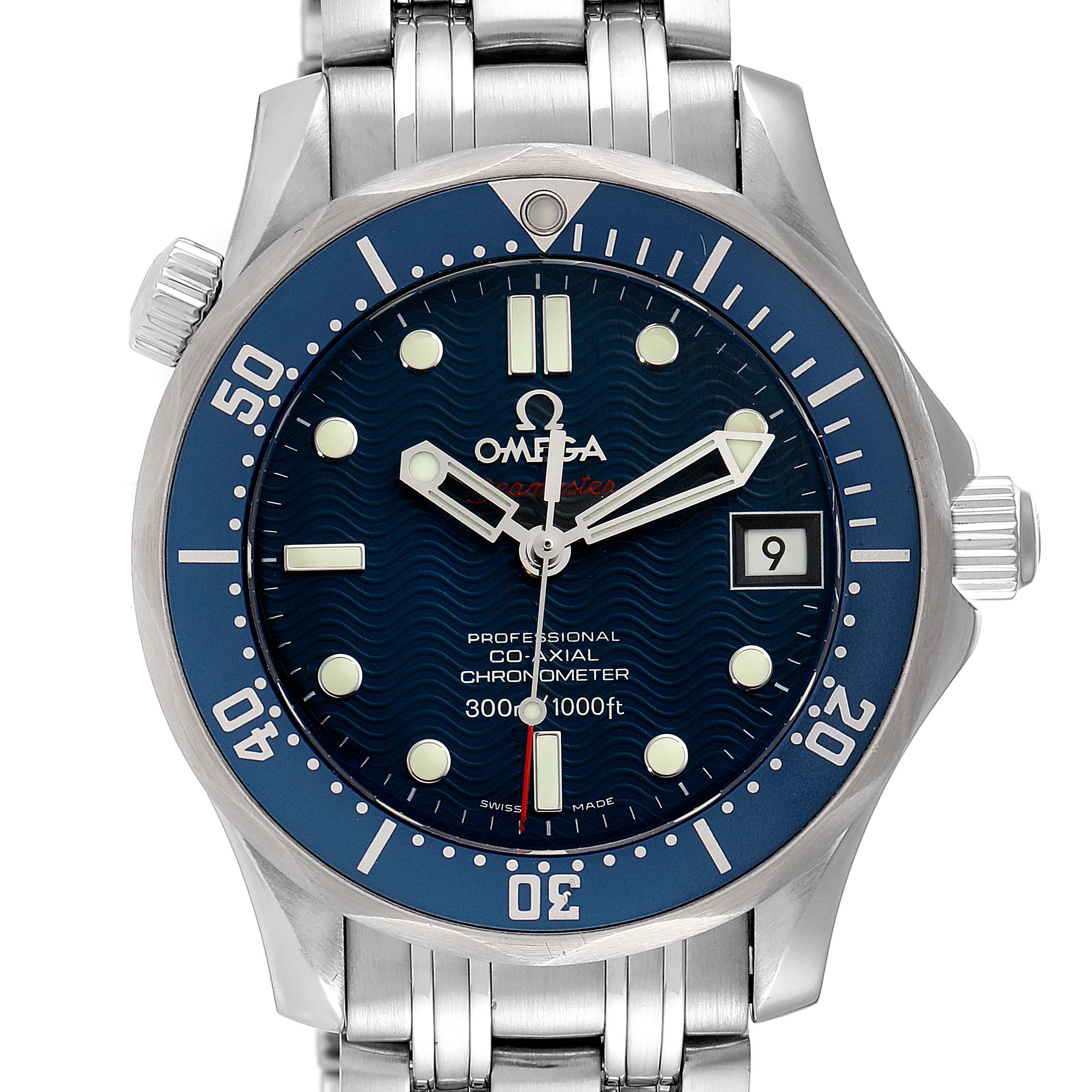 The image shows a front view of the Omega Seamaster 2222.80.00 Men's Stainless Steel Blue Dial 2222.80.00 Men's Stainless Steel Blue Dial watch, highlighting its dial, bezel, crown, and stainless steel bracelet.