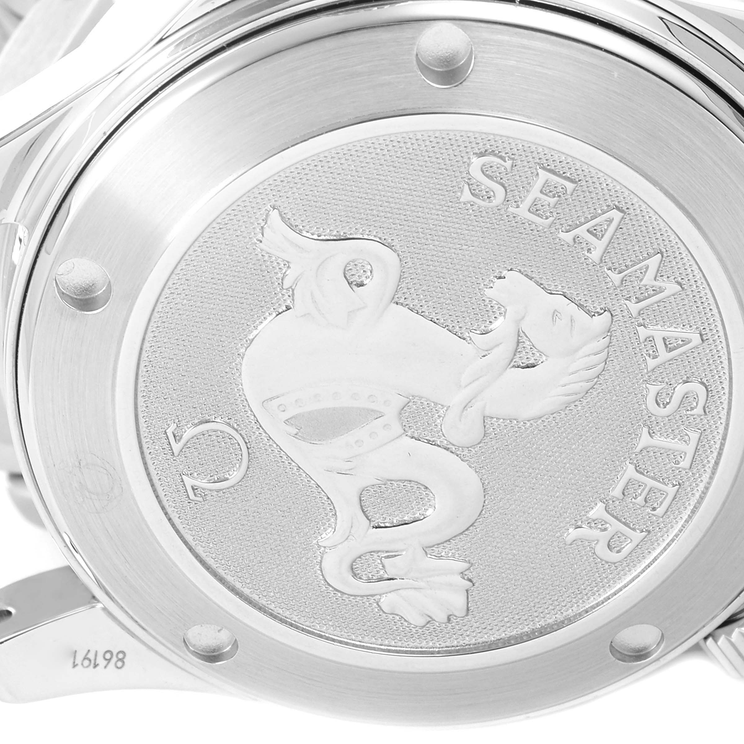 This is a close-up angle of the case back of an Omega Seamaster 2222.80.00 Men's Stainless Steel Blue Dial 2222.80.00 Men's Stainless Steel Blue Dial watch, featuring the engraved logo and model name.