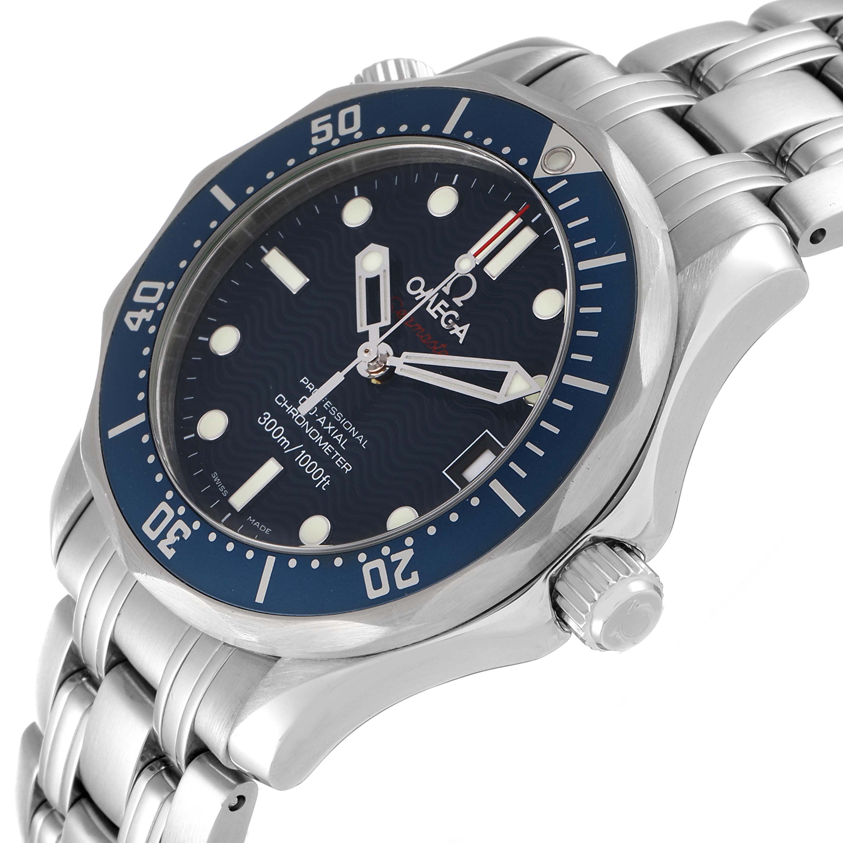 This image shows an Omega Seamaster 2222.80.00 Men's Stainless Steel Blue Dial 2222.80.00 Men's Stainless Steel Blue Dial watch at an angled front view, highlighting the bezel, dial, crown, and bracelet.