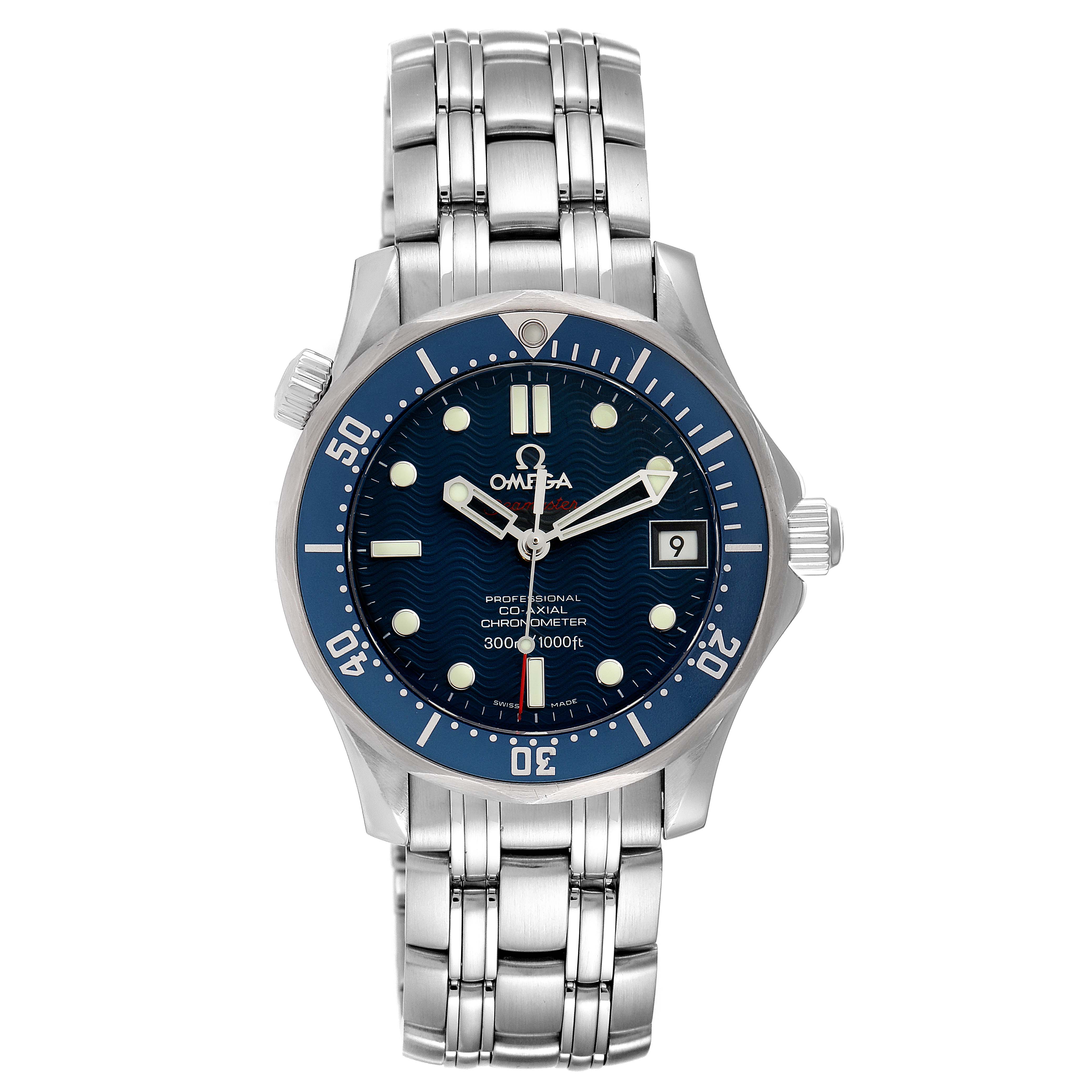 The image shows a front view of the Omega Seamaster 2222.80.00 Men's Stainless Steel Blue Dial 2222.80.00 Men's Stainless Steel Blue Dial watch, highlighting the dial, bezel, and bracelet.