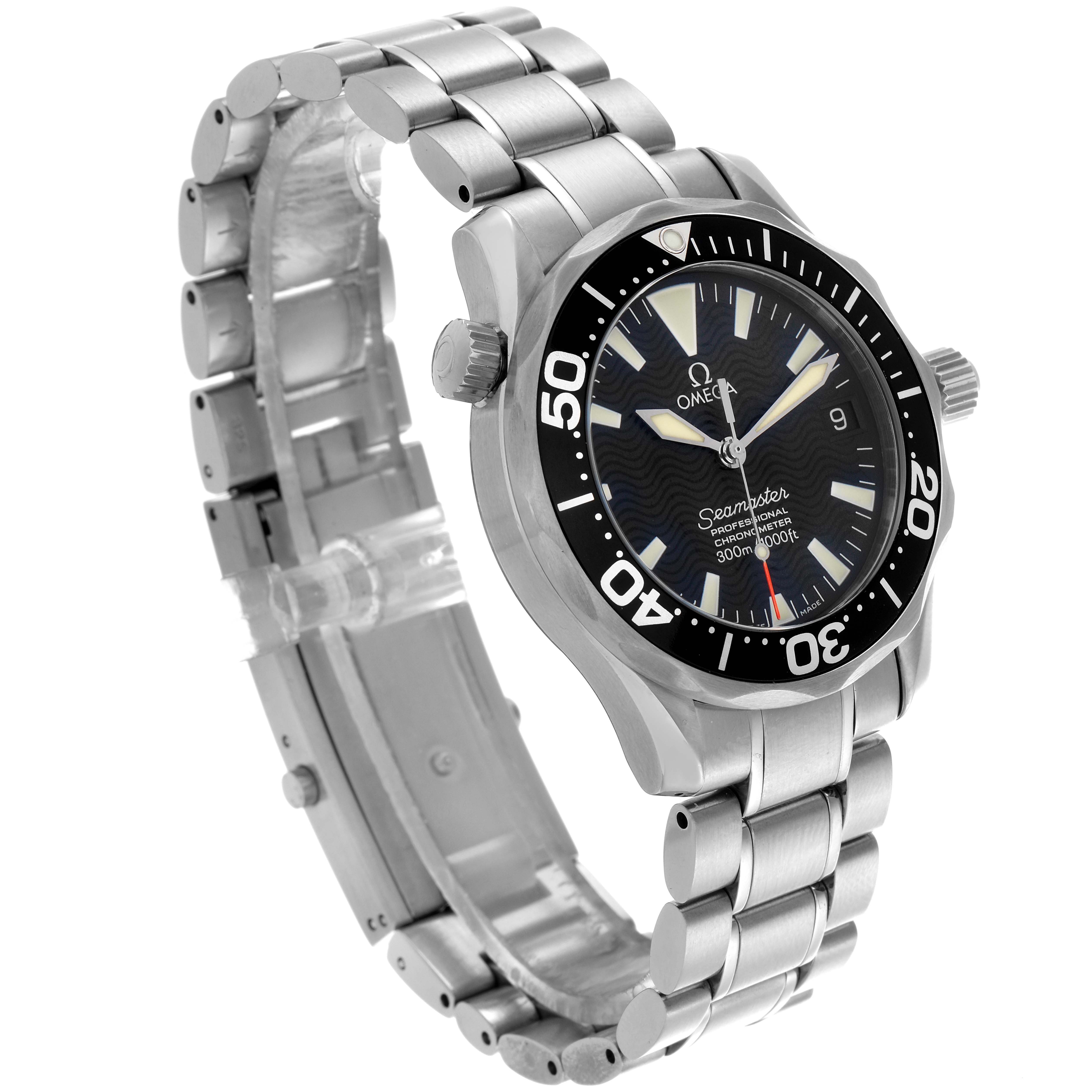 The Omega Seamaster 2252.50.00 Men
s Stainless Steel Black Dial 2252.50.00 Men
s Stainless Steel Black Dial watch is shown at a slight angle, highlighting the face, bezel, crown, and metal bracelet.