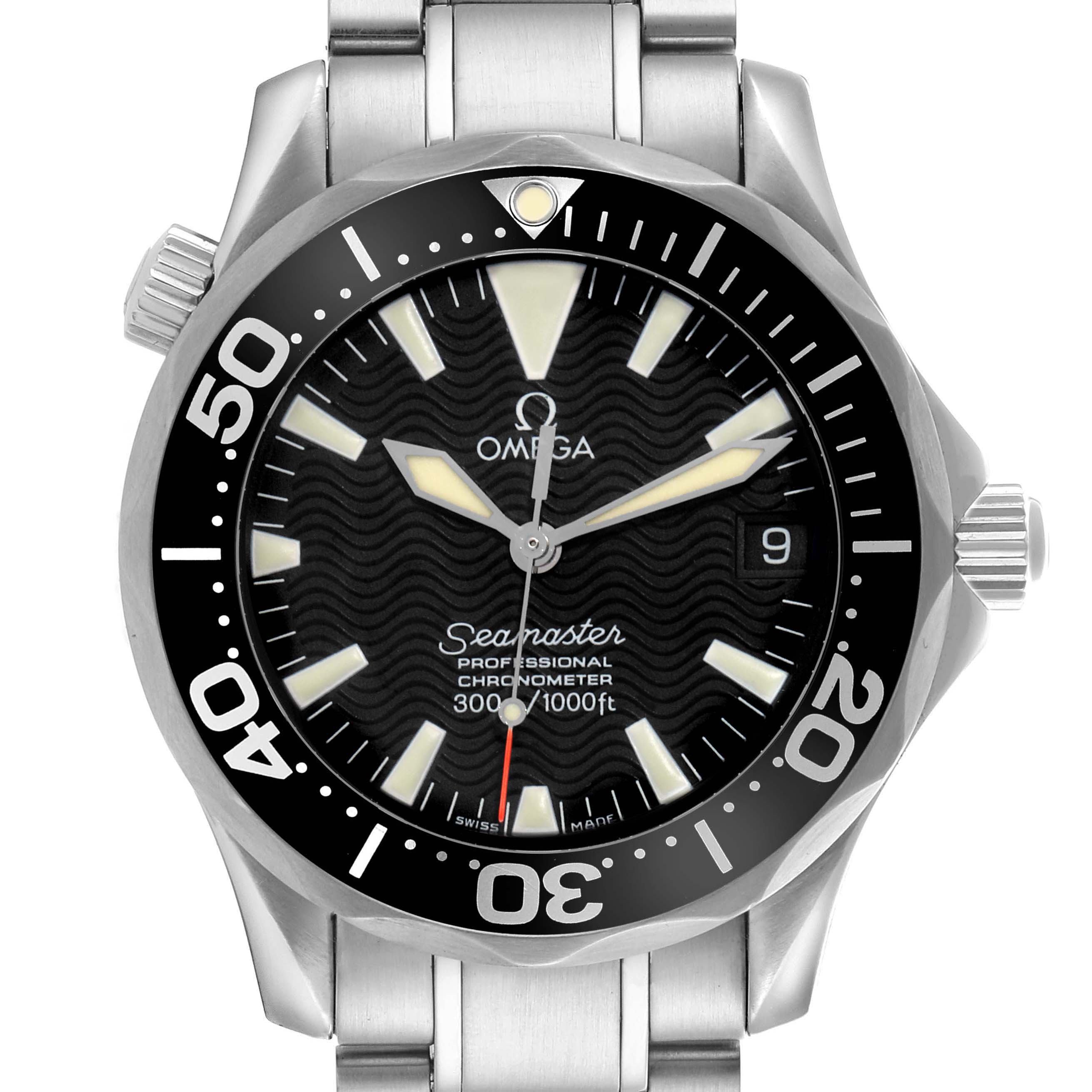 The Omega Seamaster 2252.50.00 Men
s Stainless Steel Black Dial 2252.50.00 Men
s Stainless Steel Black Dial watch is shown from the front, displaying the face, bezel, and part of the metal bracelet.