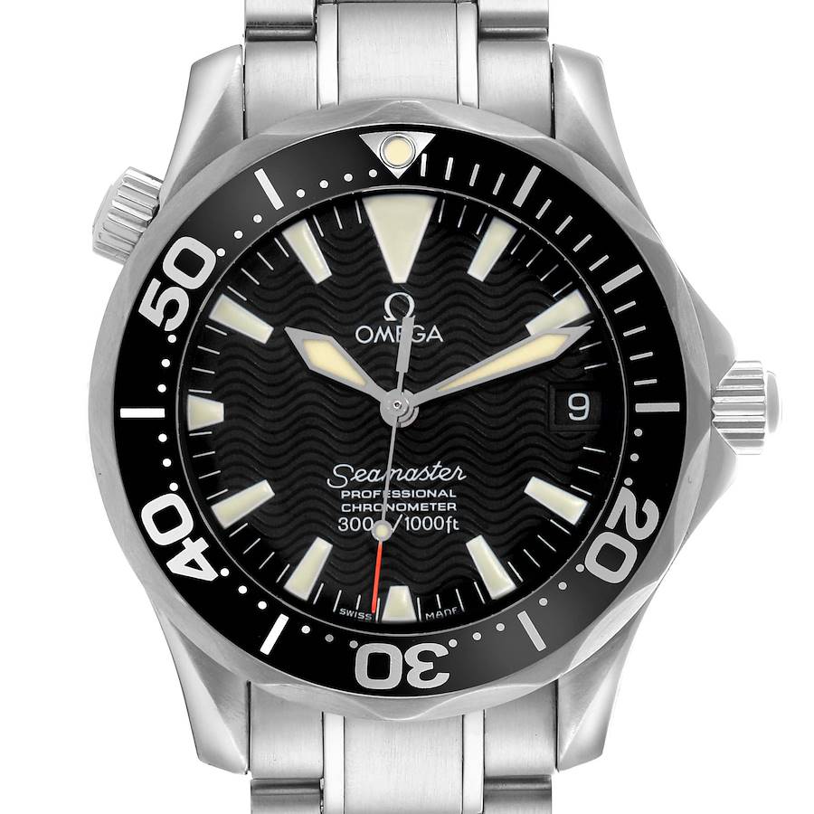 The Omega Seamaster watch is shown from the front, displaying the face, bezel, and part of the metal bracelet.