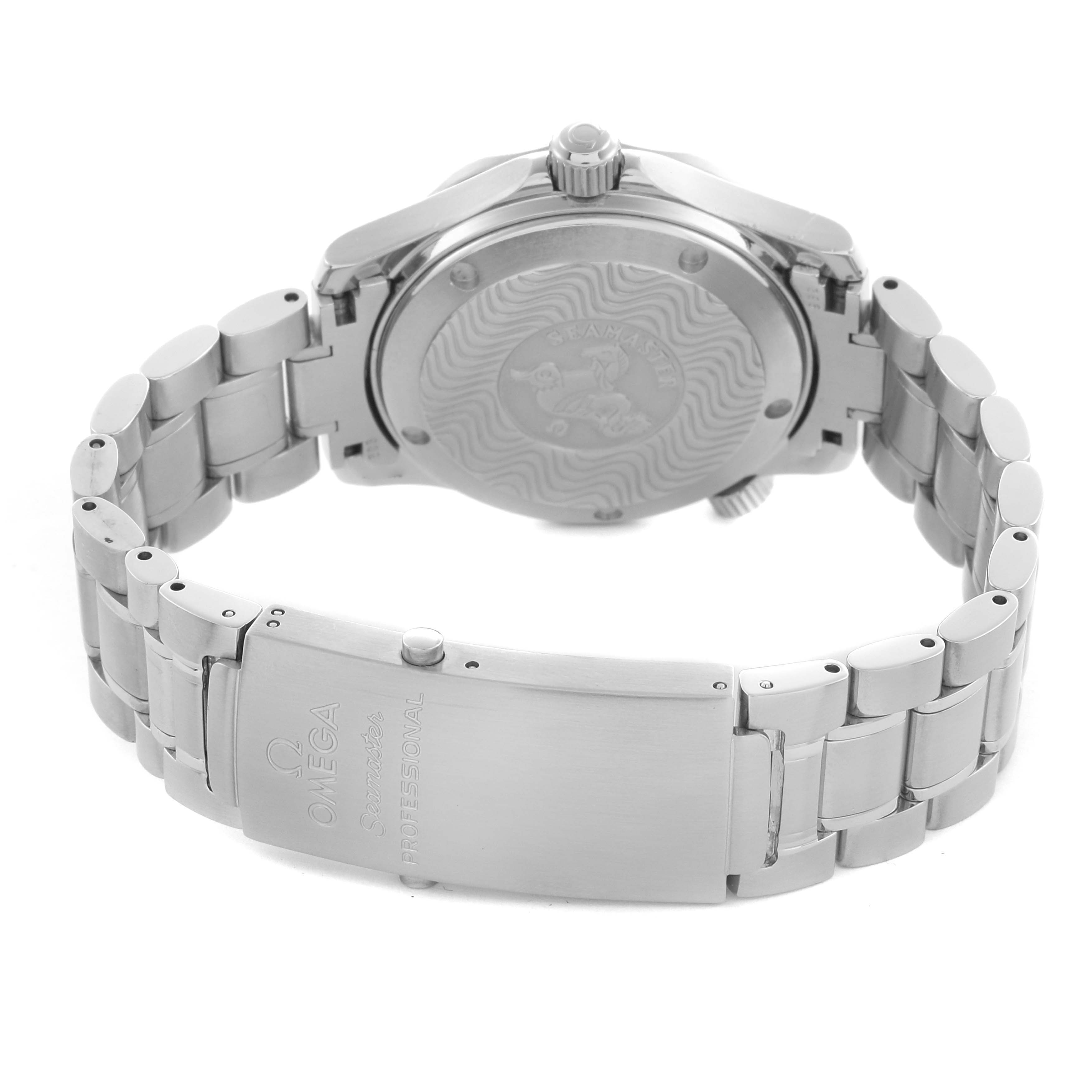 The image shows the back and clasp of an Omega Seamaster 2252.50.00 Men
s Stainless Steel Black Dial 2252.50.00 Men
s Stainless Steel Black Dial watch at an angled rear view.