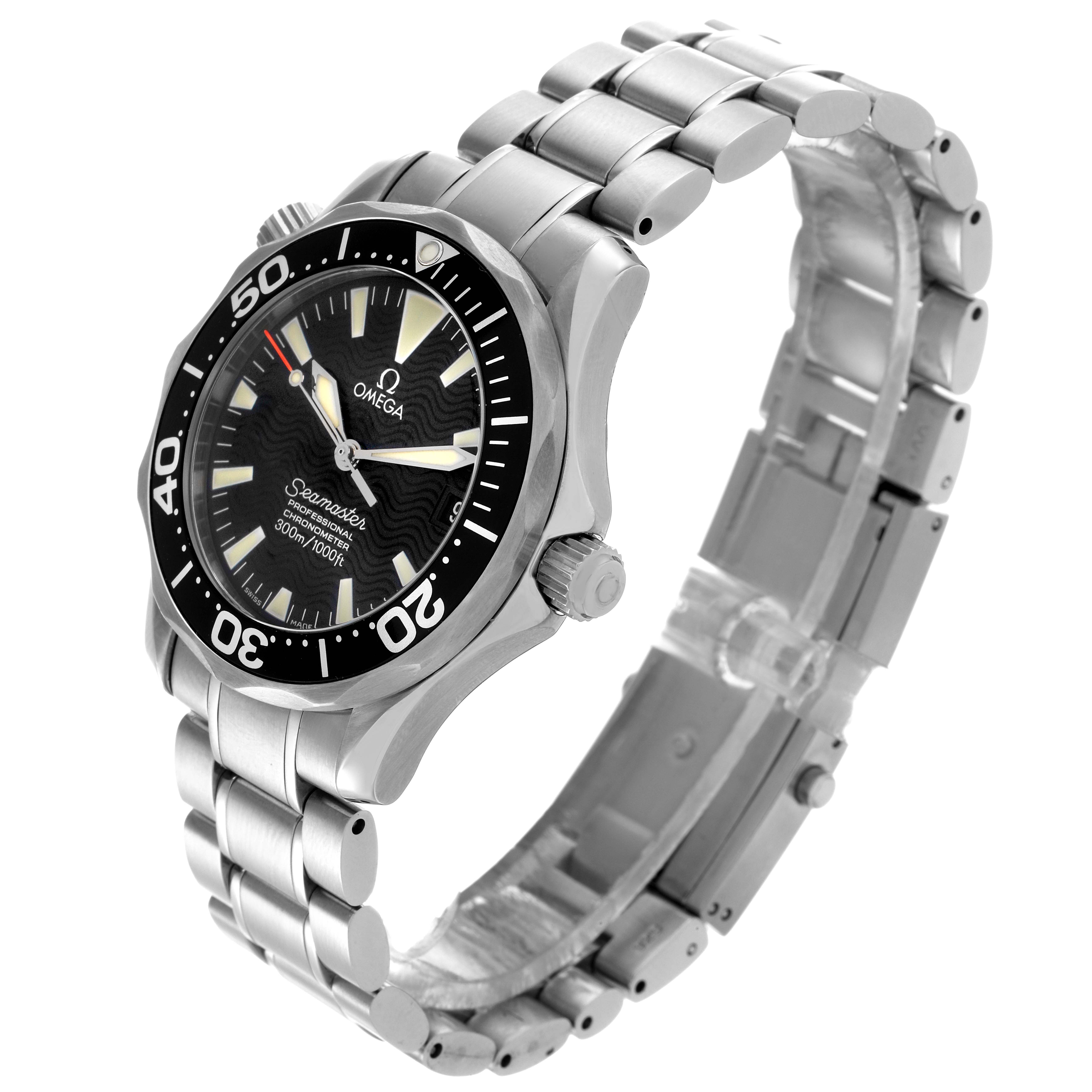 The Omega Seamaster 2252.50.00 Men
s Stainless Steel Black Dial 2252.50.00 Men
s Stainless Steel Black Dial watch is shown at a three-quarter angle, highlighting its face, bezel, and bracelet.