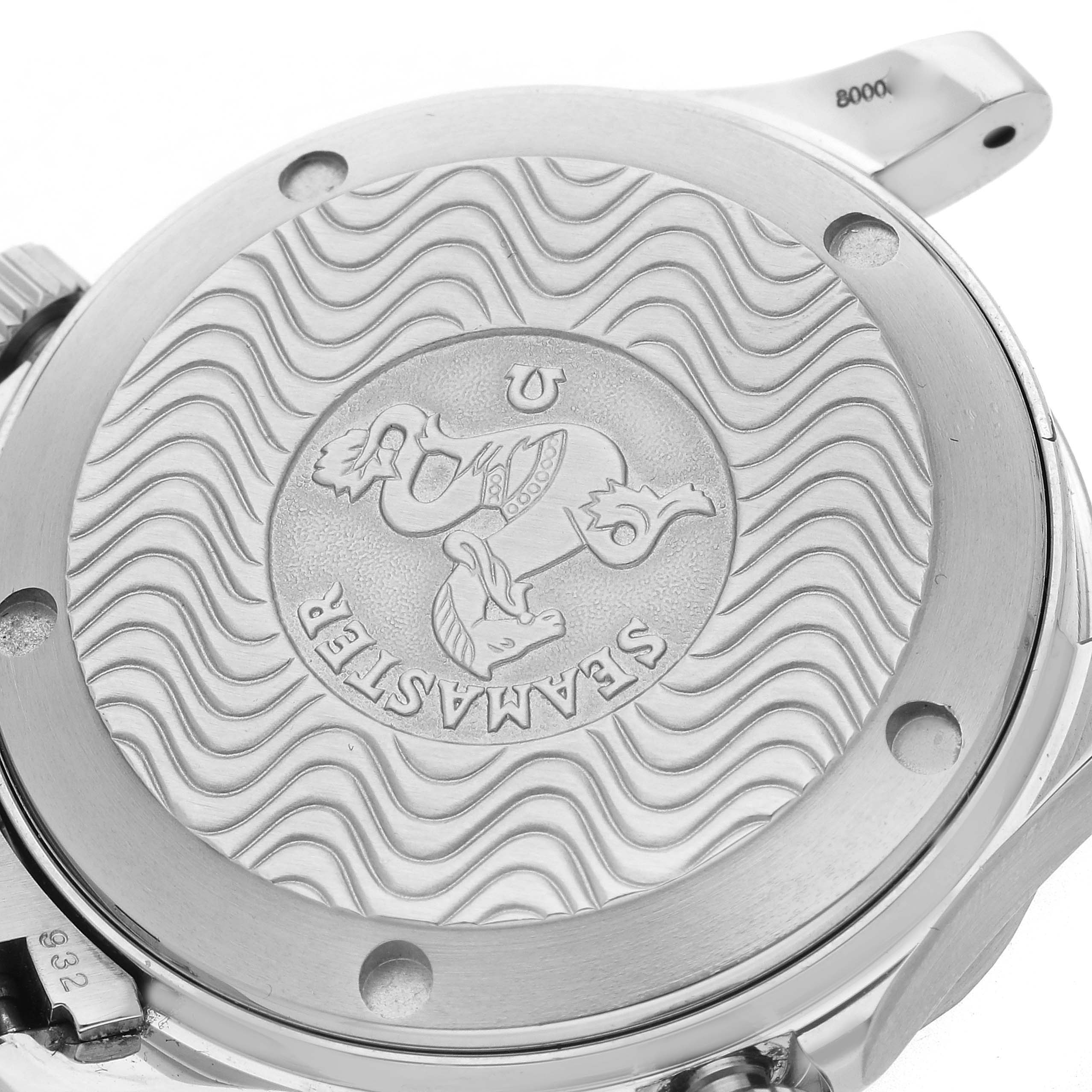 The image shows the engraved case back of an Omega Seamaster 2252.50.00 Men
s Stainless Steel Black Dial 2252.50.00 Men
s Stainless Steel Black Dial watch, featuring the brand
s emblem and a wave pattern.