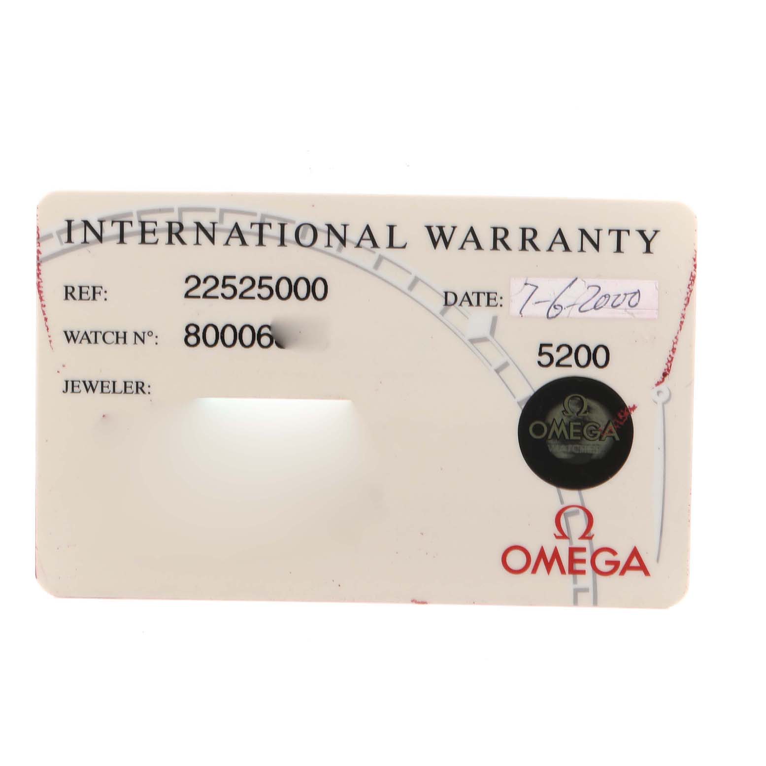 The image shows an Omega Seamaster 2252.50.00 Men
s Stainless Steel Black Dial 2252.50.00 Men
s Stainless Steel Black Dial International Warranty card, displaying reference, watch number, and date details.